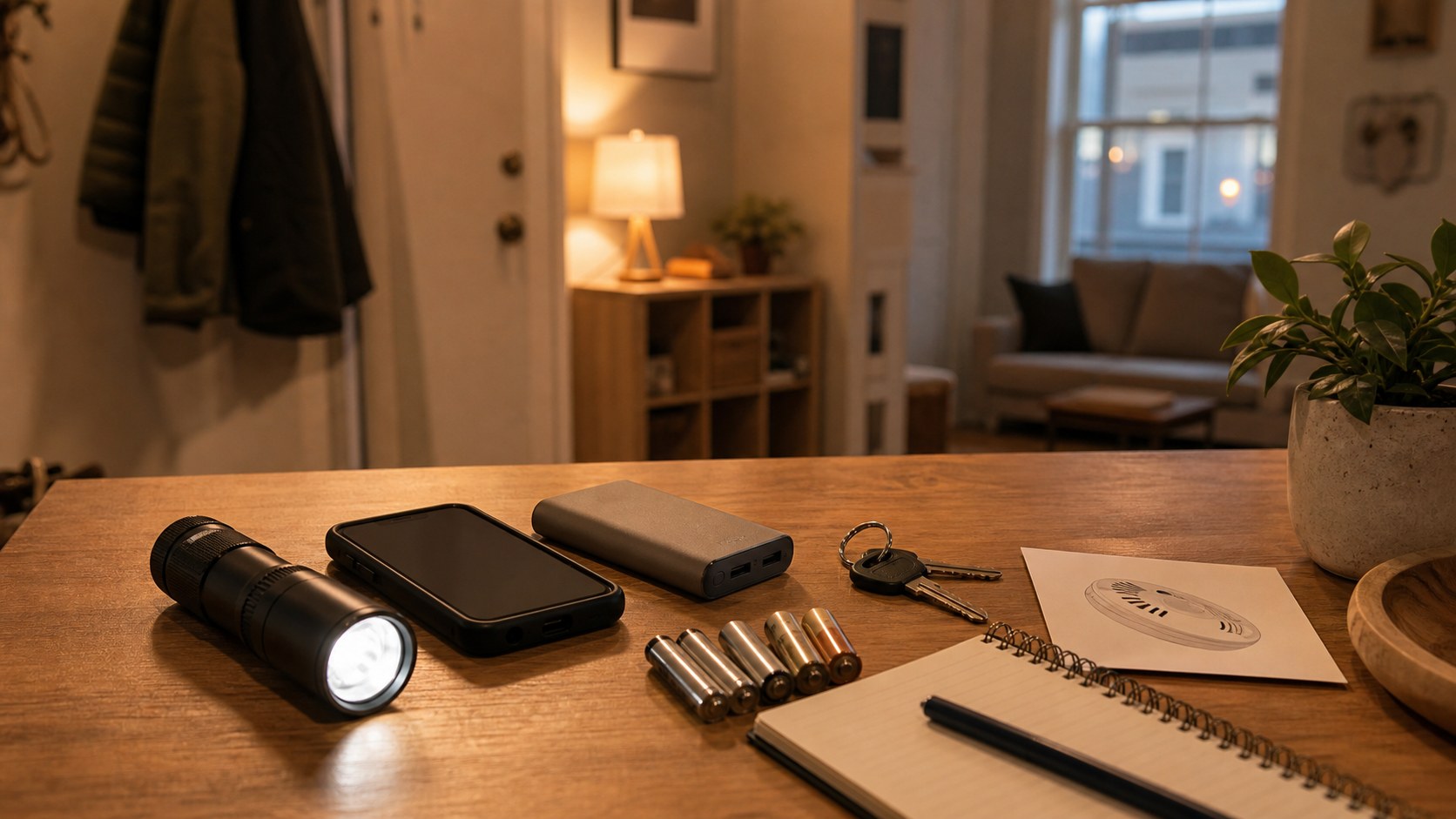Flashlight, phone, batteries, keys, and notebook on an apartment table.