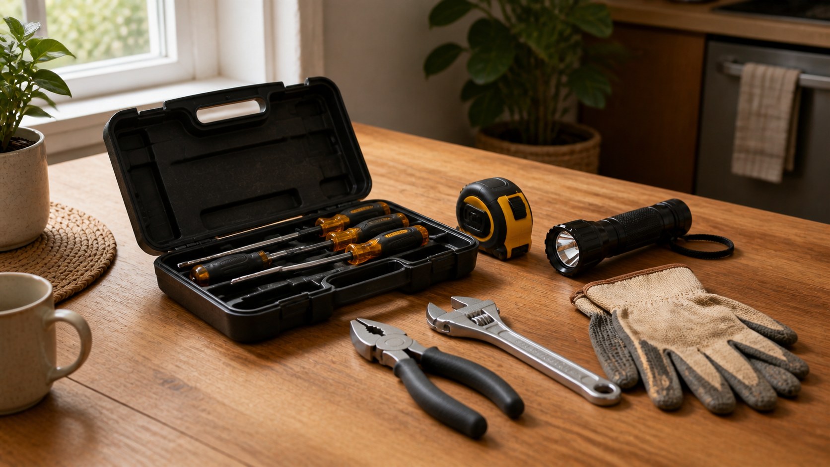 Starter tools, gloves, and a flashlight arranged on a kitchen table.