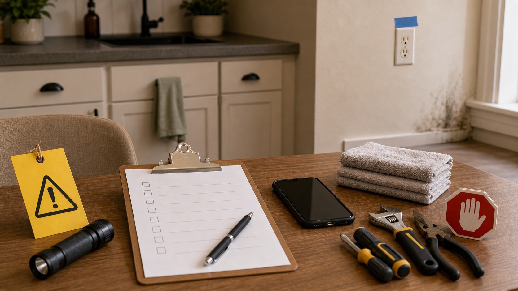 Repair stop-point setup with a phone, blank checklist, flashlight, towels, hand tools set aside, and warning markers.