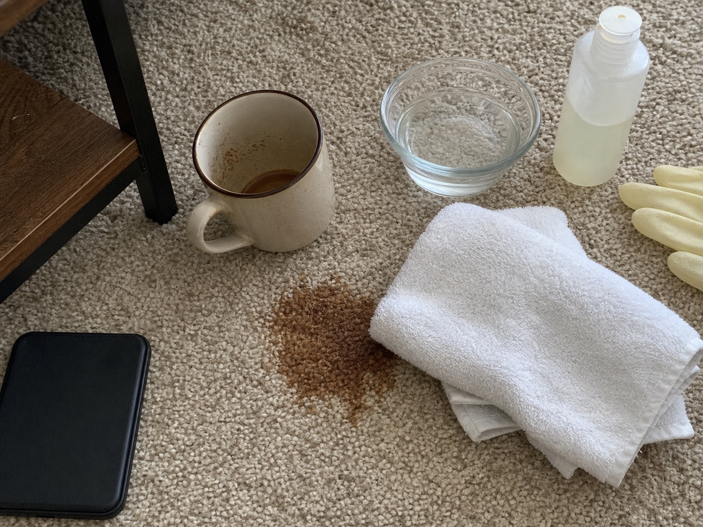 Carpet coffee stain blotting setup with a white cloth, bowl of water, and mild cleaner nearby.