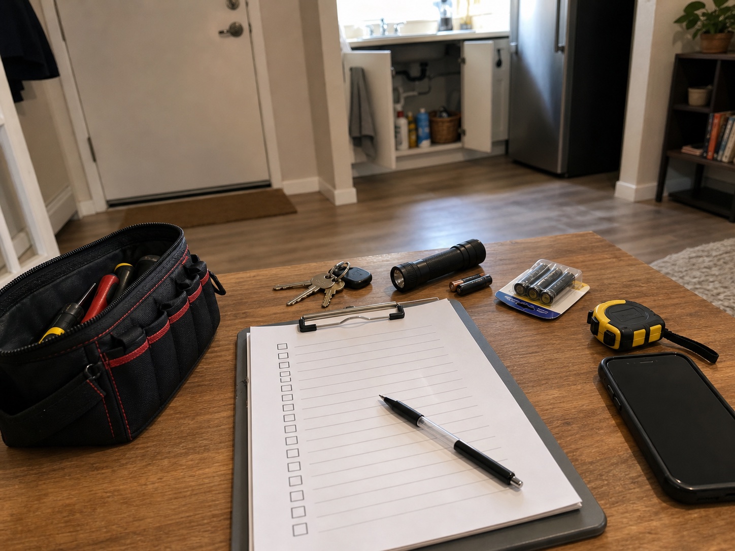 First apartment maintenance checklist setup with keys, flashlight, tape, phone, and notebook on the floor.