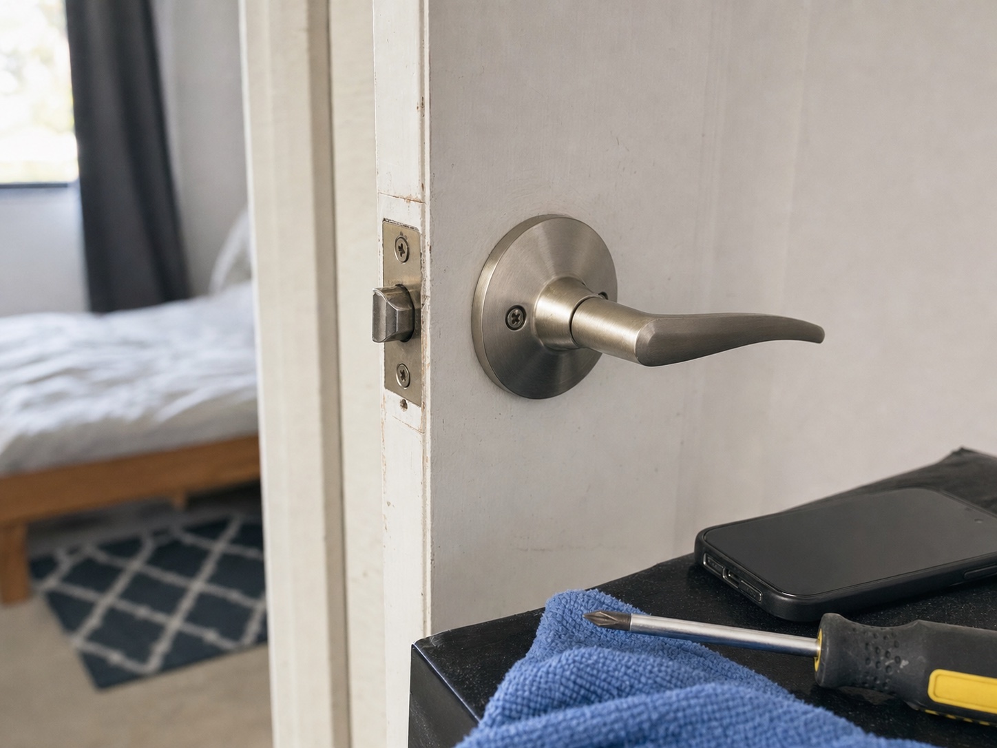 Close-up of a loose interior door handle with a screwdriver, note card, and flashlight nearby.
