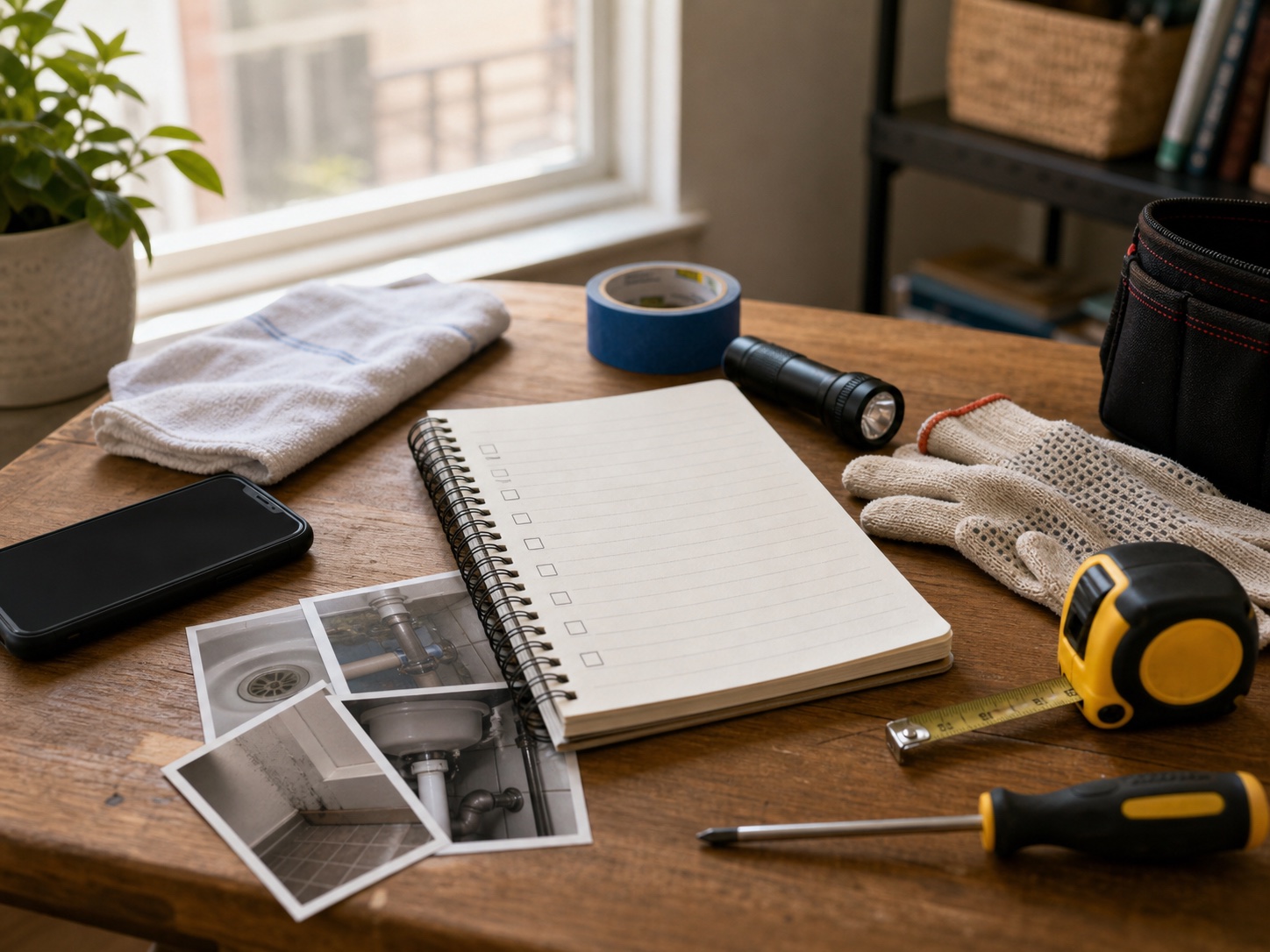 Author field notes workbench with repair photos, notebook, flashlight, tape measure, gloves, and hand tools.