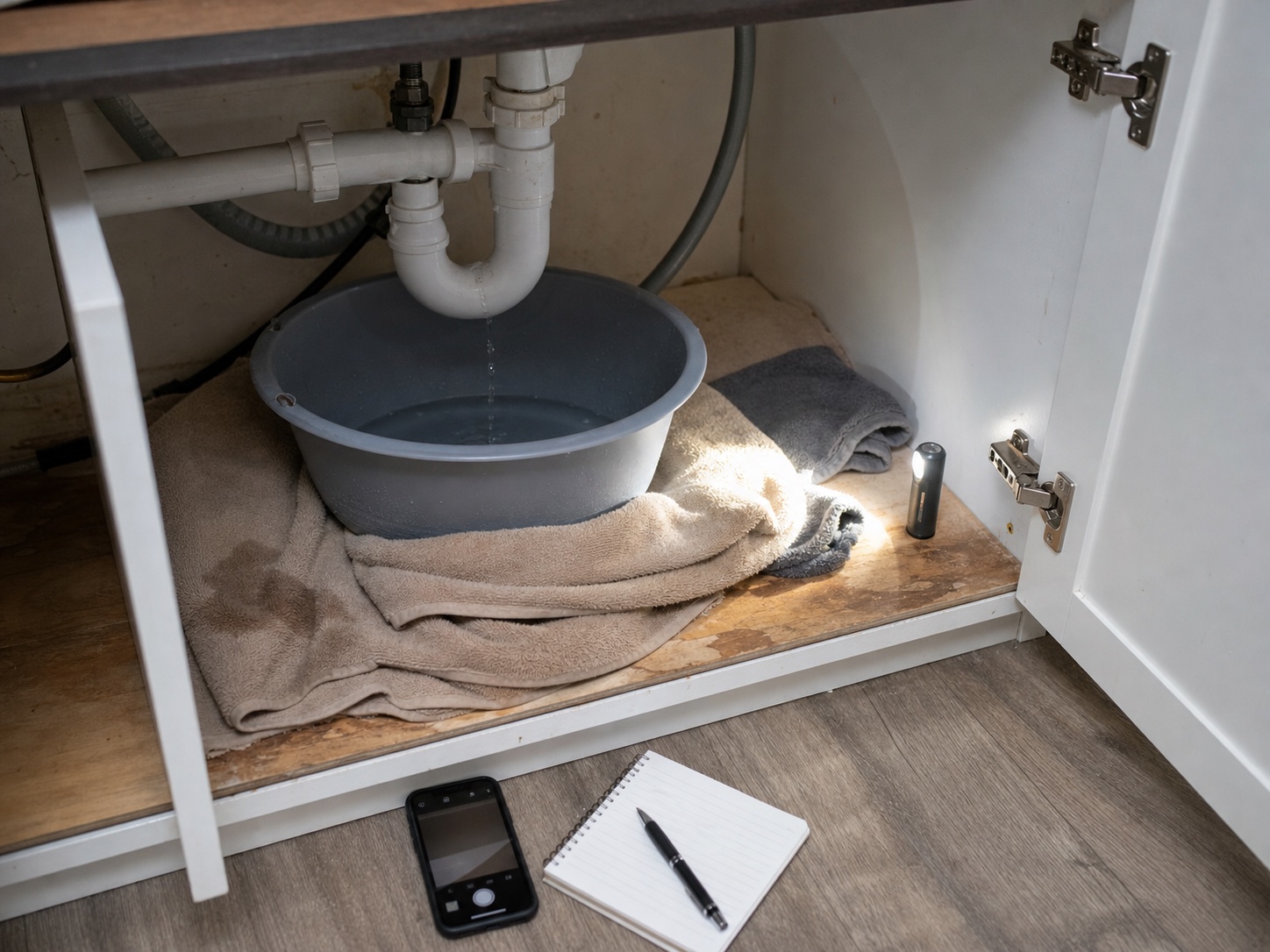 Small water leak containment setup with towel, bowl, flashlight, phone, and maintenance notes.