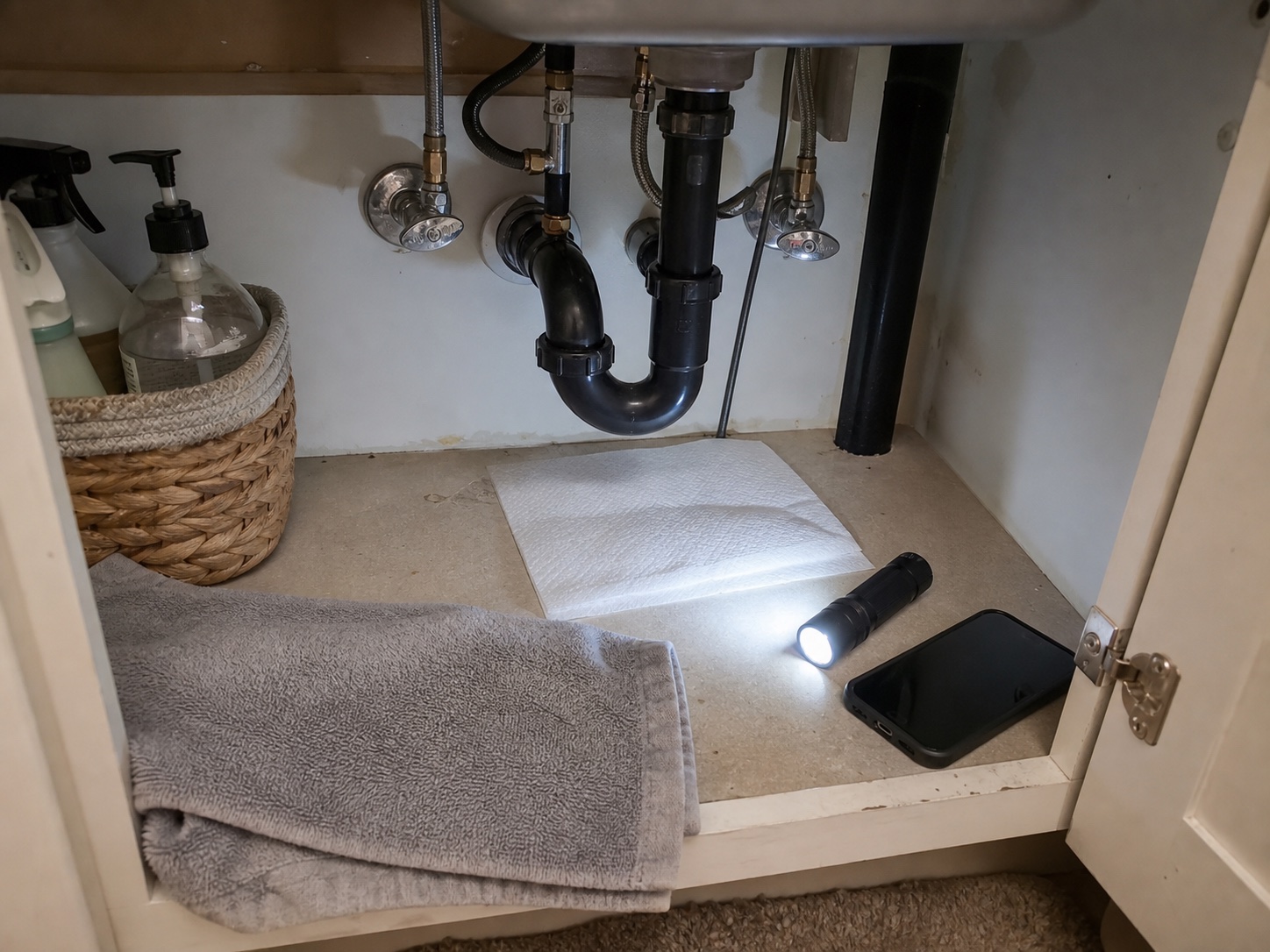 Under-sink paper towel leak test with flashlight, bowl, and visible plumbing.