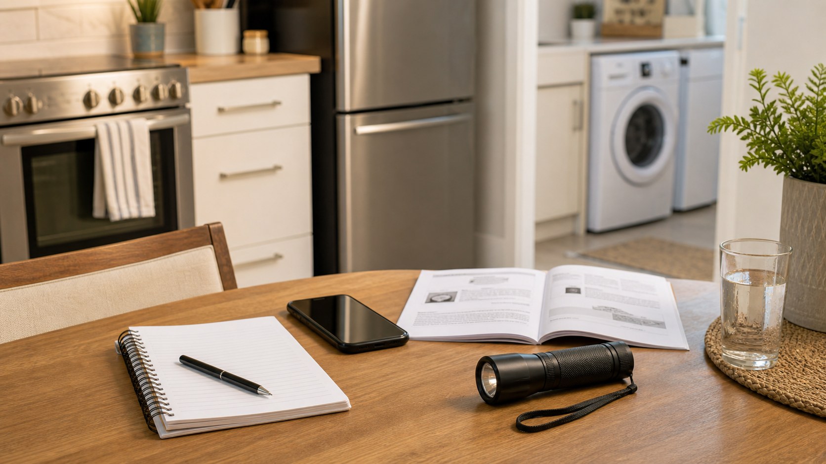 Notebook, phone, flashlight, and appliance manual arranged for documenting an appliance problem safely.