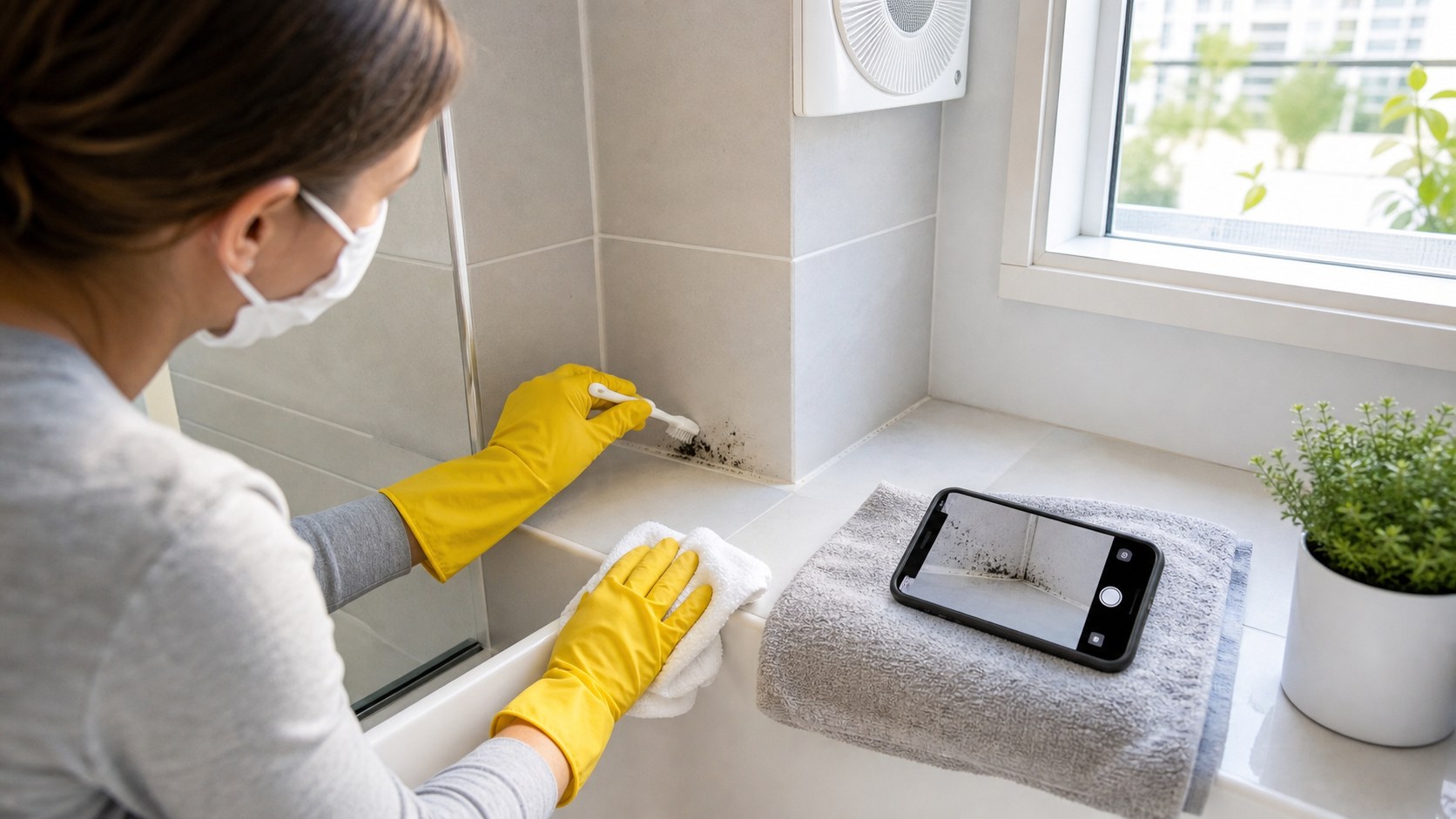Small bathroom tile area with a few dark surface spots, gloves, mask, brush, and phone for documentation.