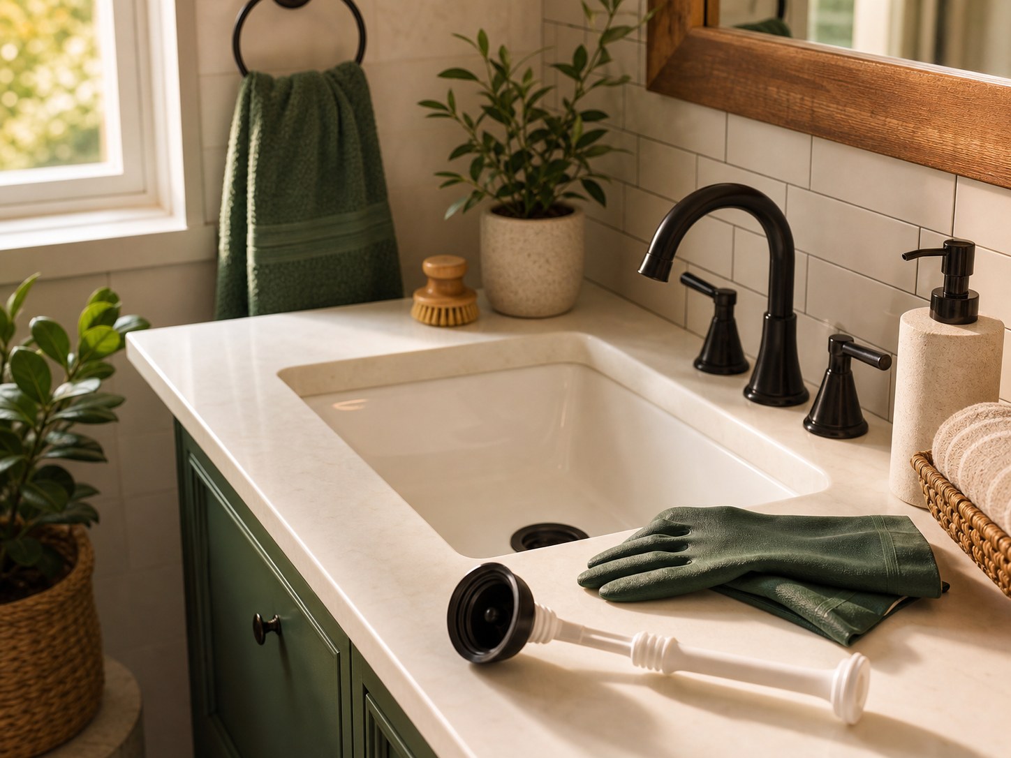 Clean bathroom sink with gloves and a small drain tool nearby.