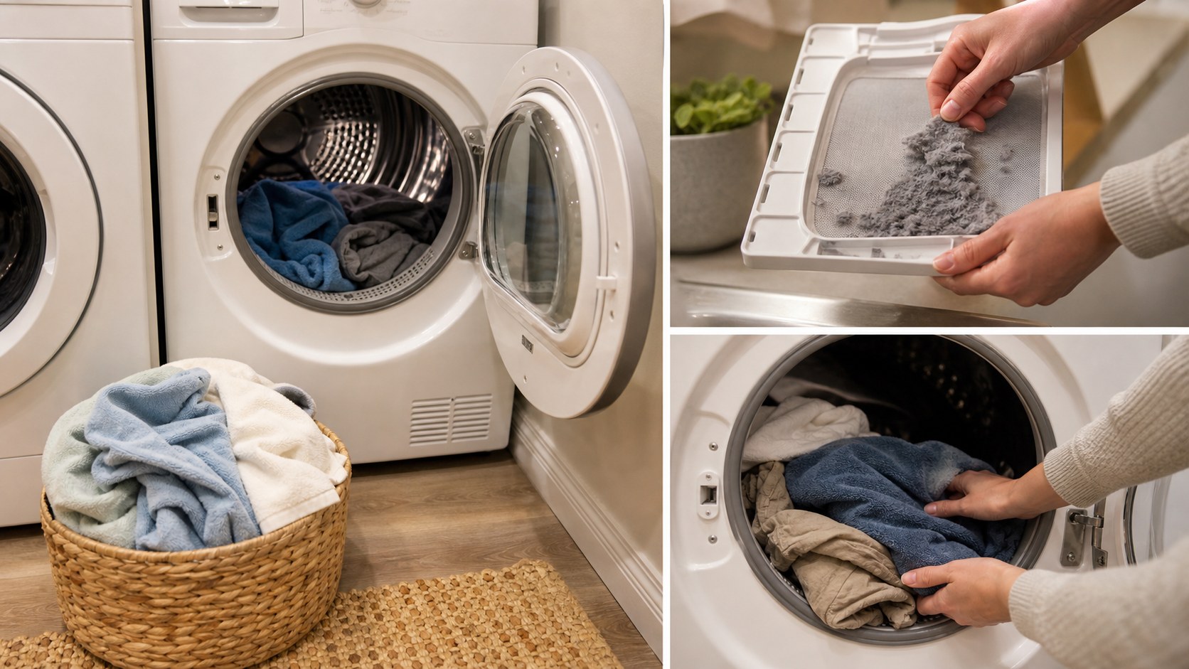 Apartment dryer lint screen being cleaned with a laundry basket nearby for a safe drying-time check.