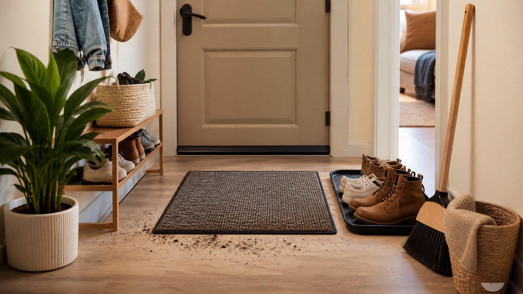 Apartment entryway with washable mat, shoe tray, broom, and a small amount of dirt near the door.