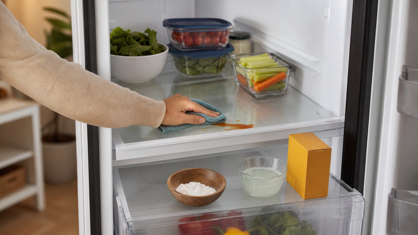 Open apartment refrigerator with a small shelf spill, soft cloth, mild soap, and food moved aside.