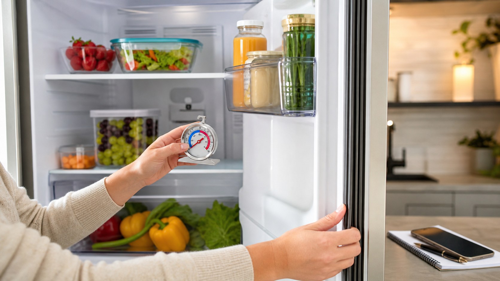 Open refrigerator with an appliance thermometer, visible airflow space, and notes for documenting cooling problems.