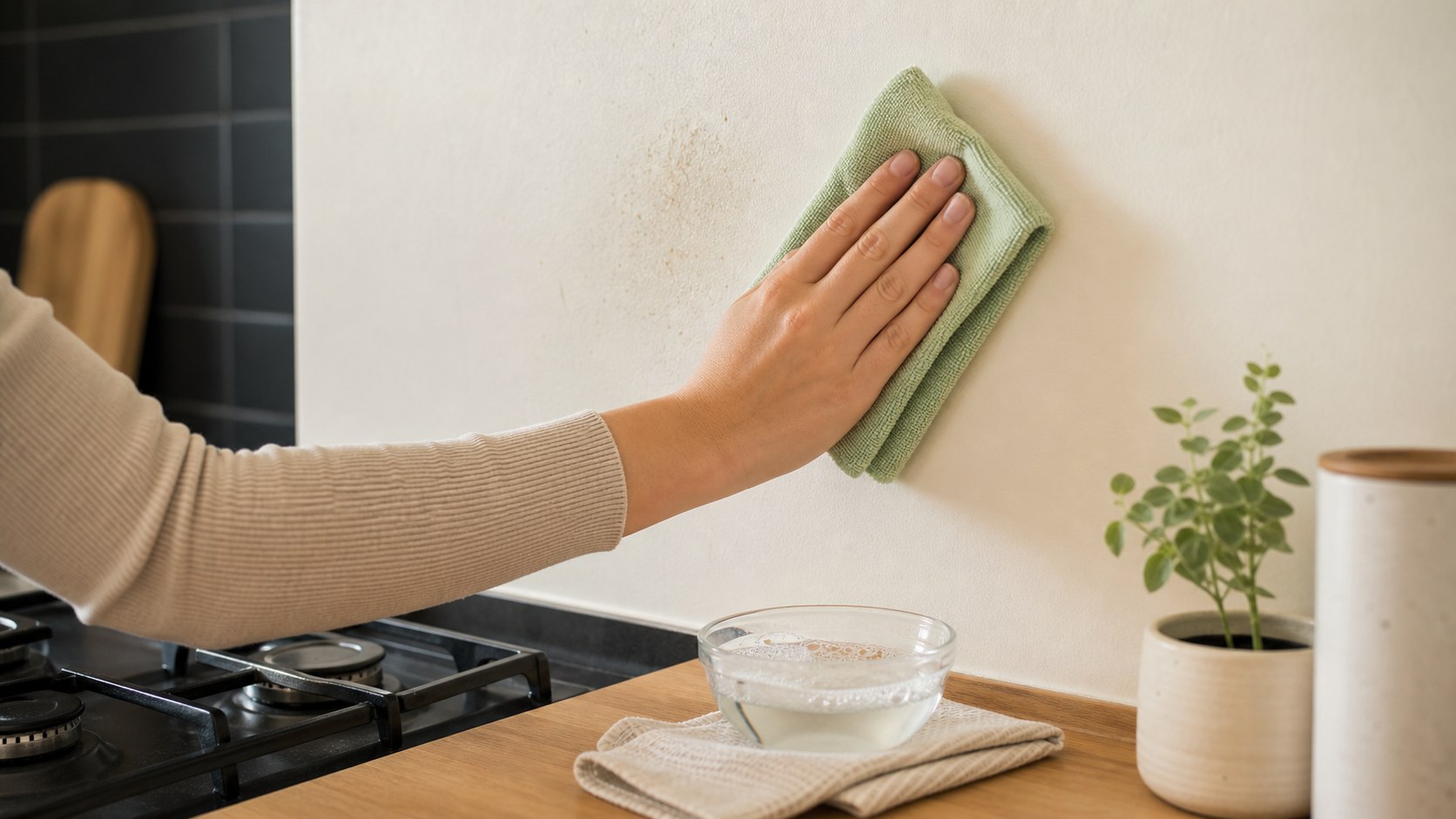 Painted kitchen wall near a cooled stovetop being wiped gently with a cloth and mild soapy water.