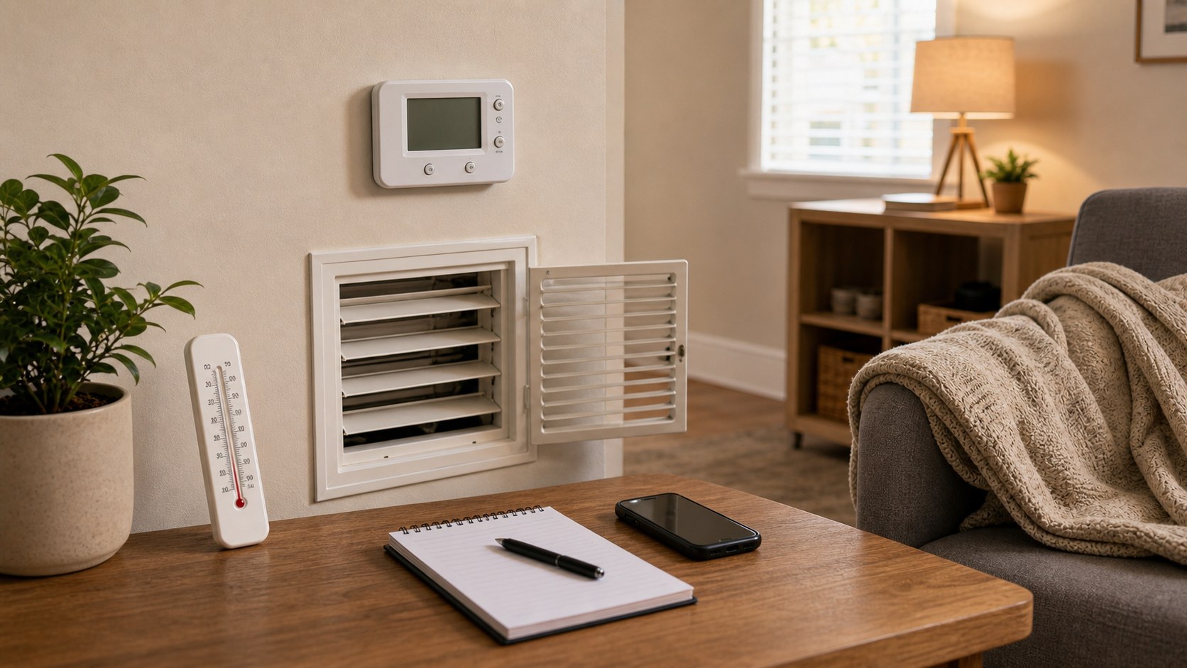 Apartment thermostat, open vent, thermometer, phone, and notebook during an HVAC check.