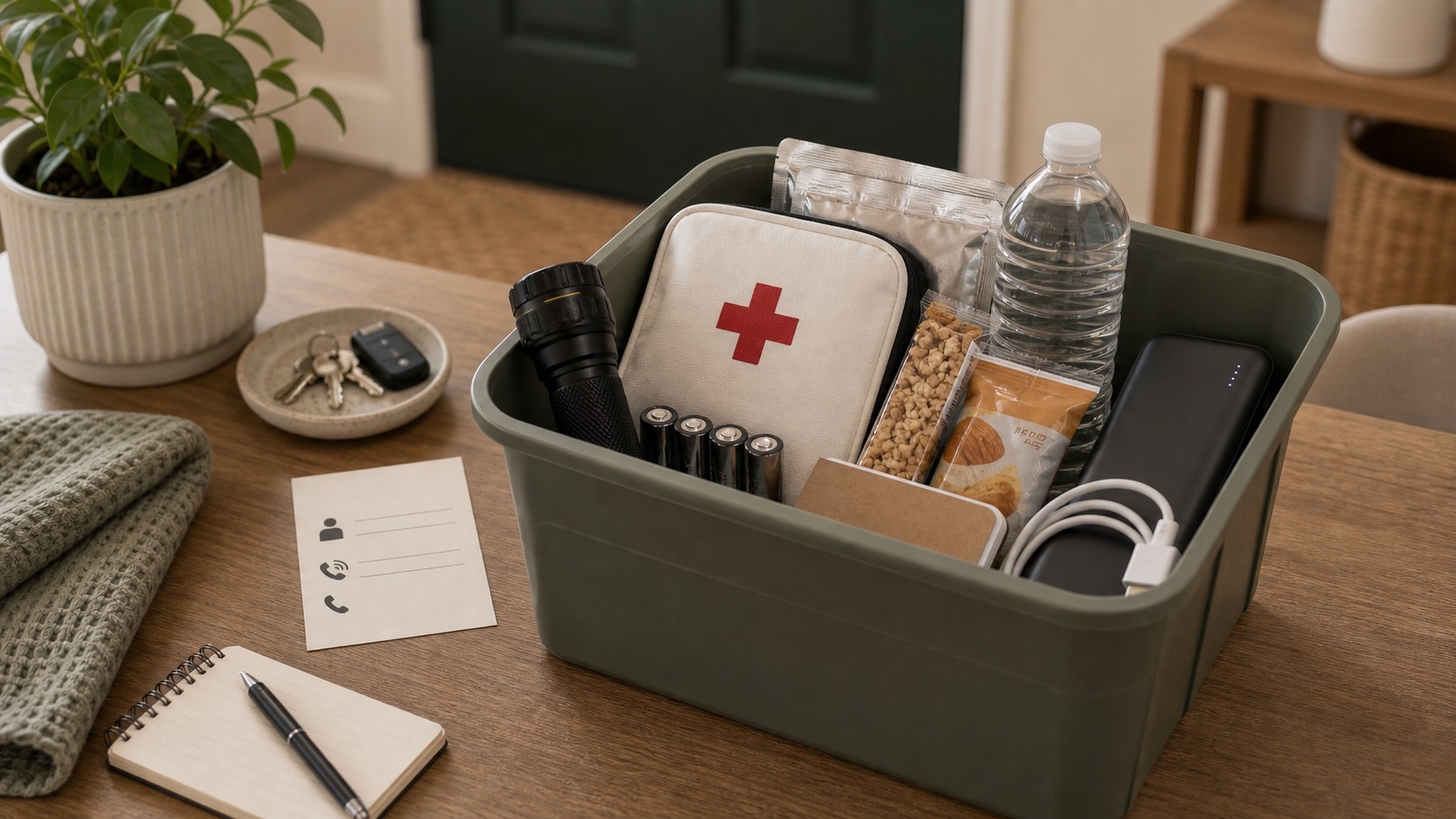 Compact apartment emergency kit with flashlight, spare batteries, first aid pouch, water, power bank, snacks, and contact card.