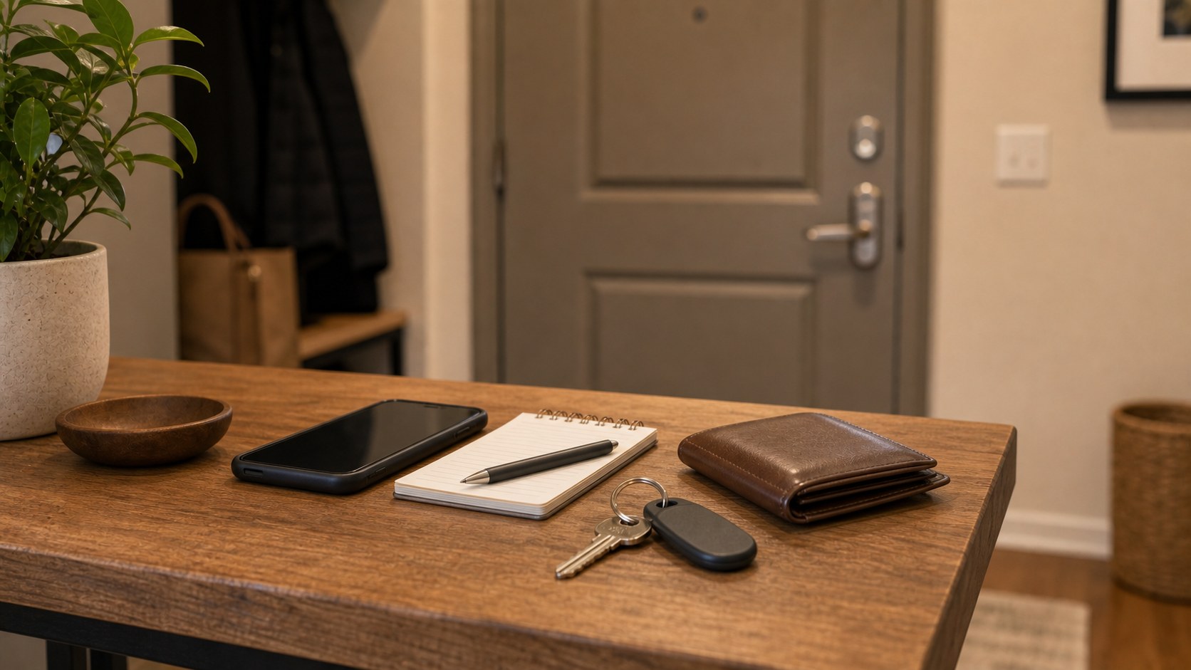Keys, phone, wallet, and notebook on an entry table near a closed apartment door.