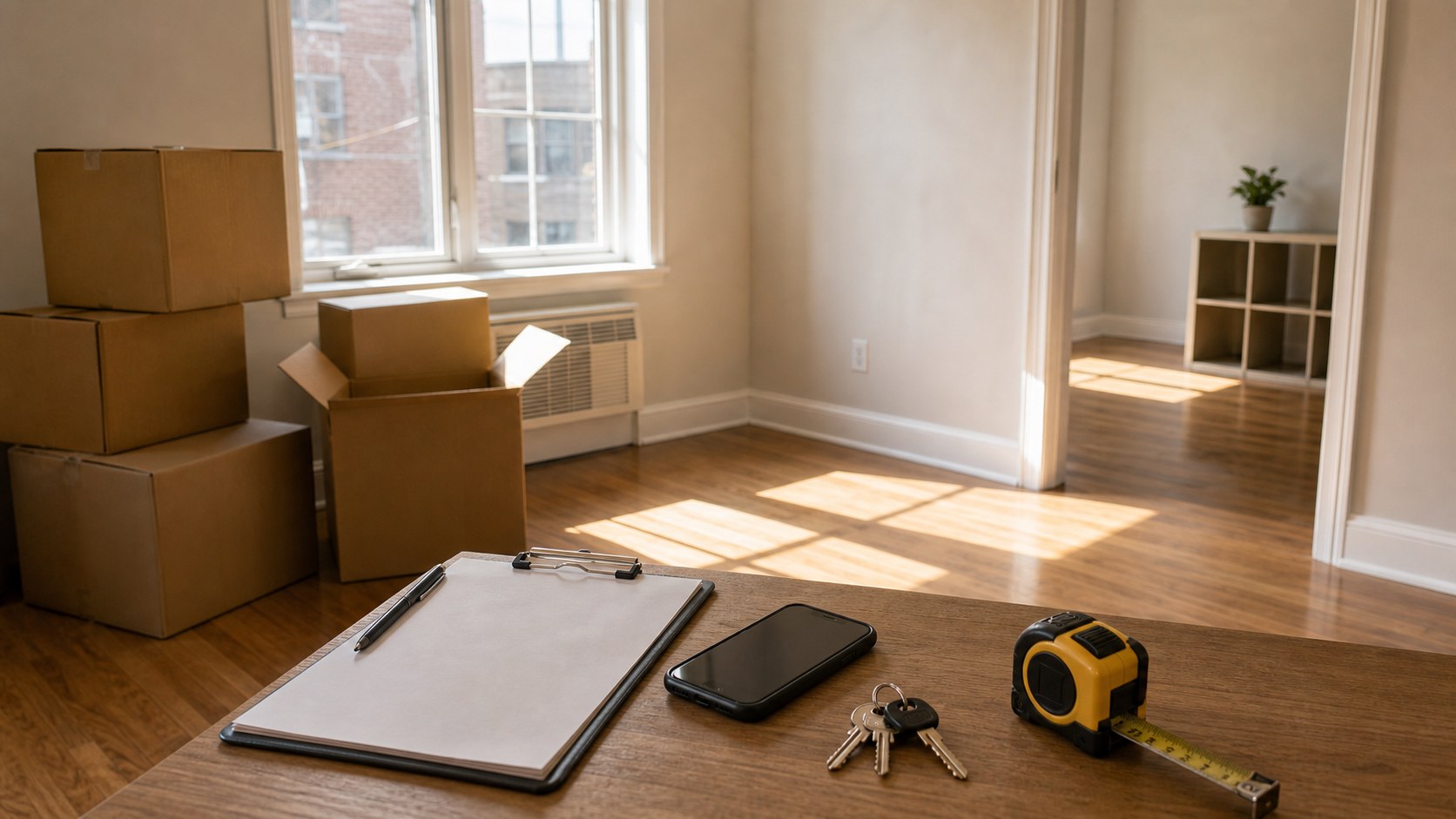 Move-in inspection setup with boxes, keys, phone, tape measure, and blank checklist.