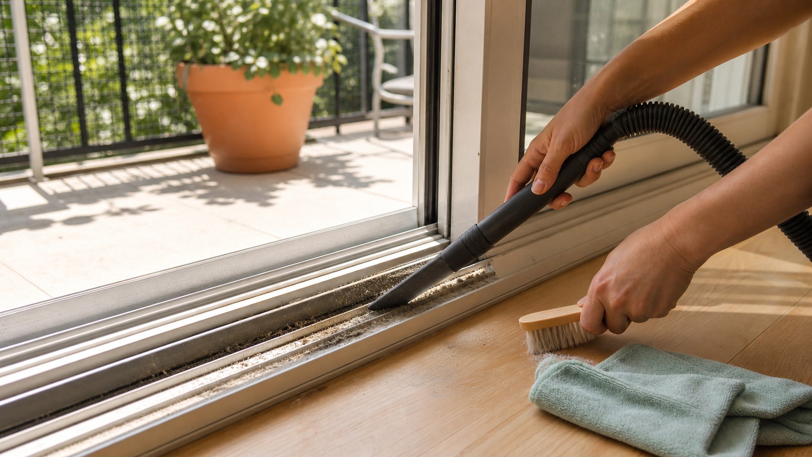 Sliding patio door track being cleaned with a crevice tool, small brush, and microfiber cloth.