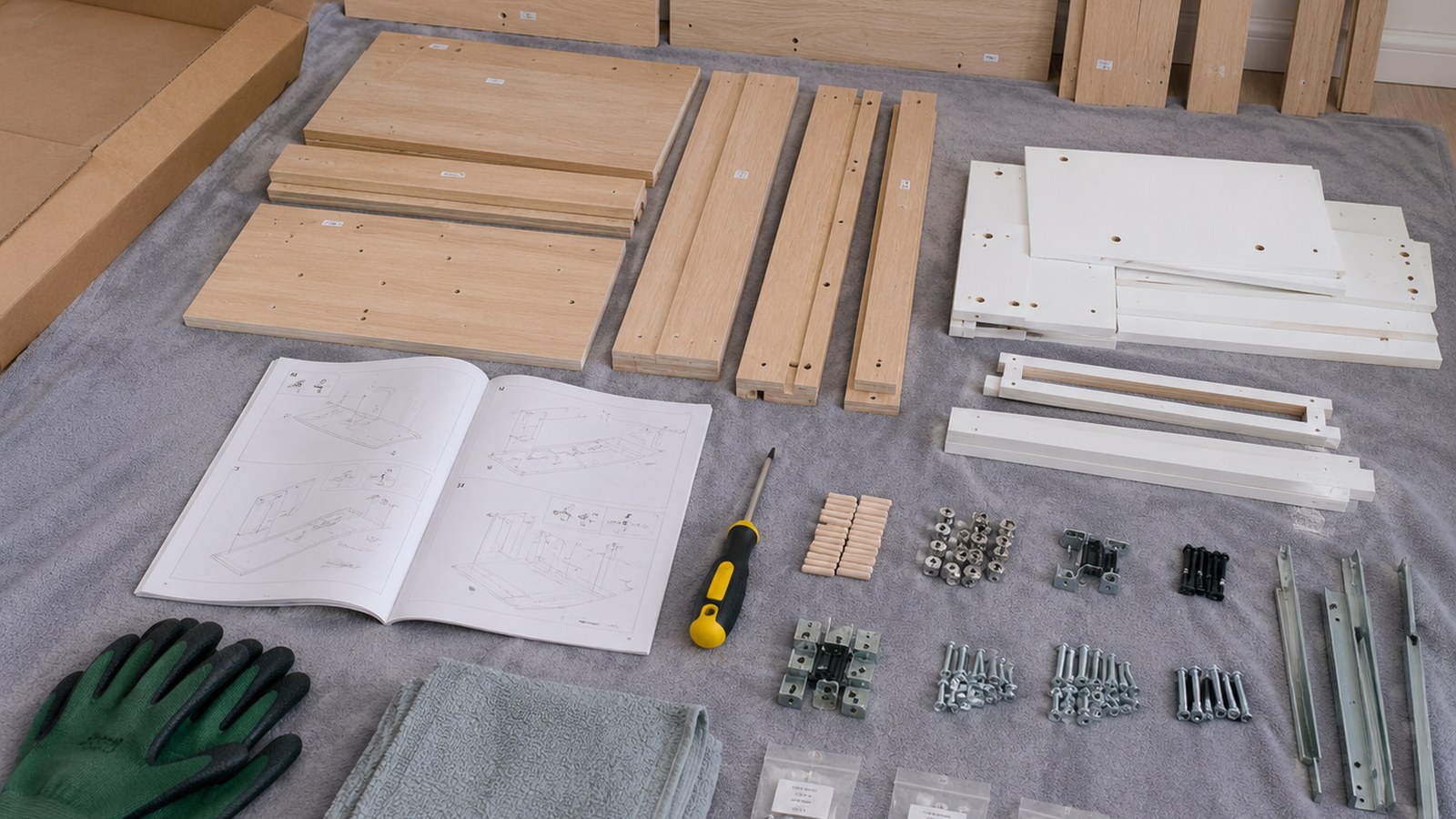 Flat-pack furniture boards, sorted hardware, instructions, and hand tools arranged on an apartment floor.