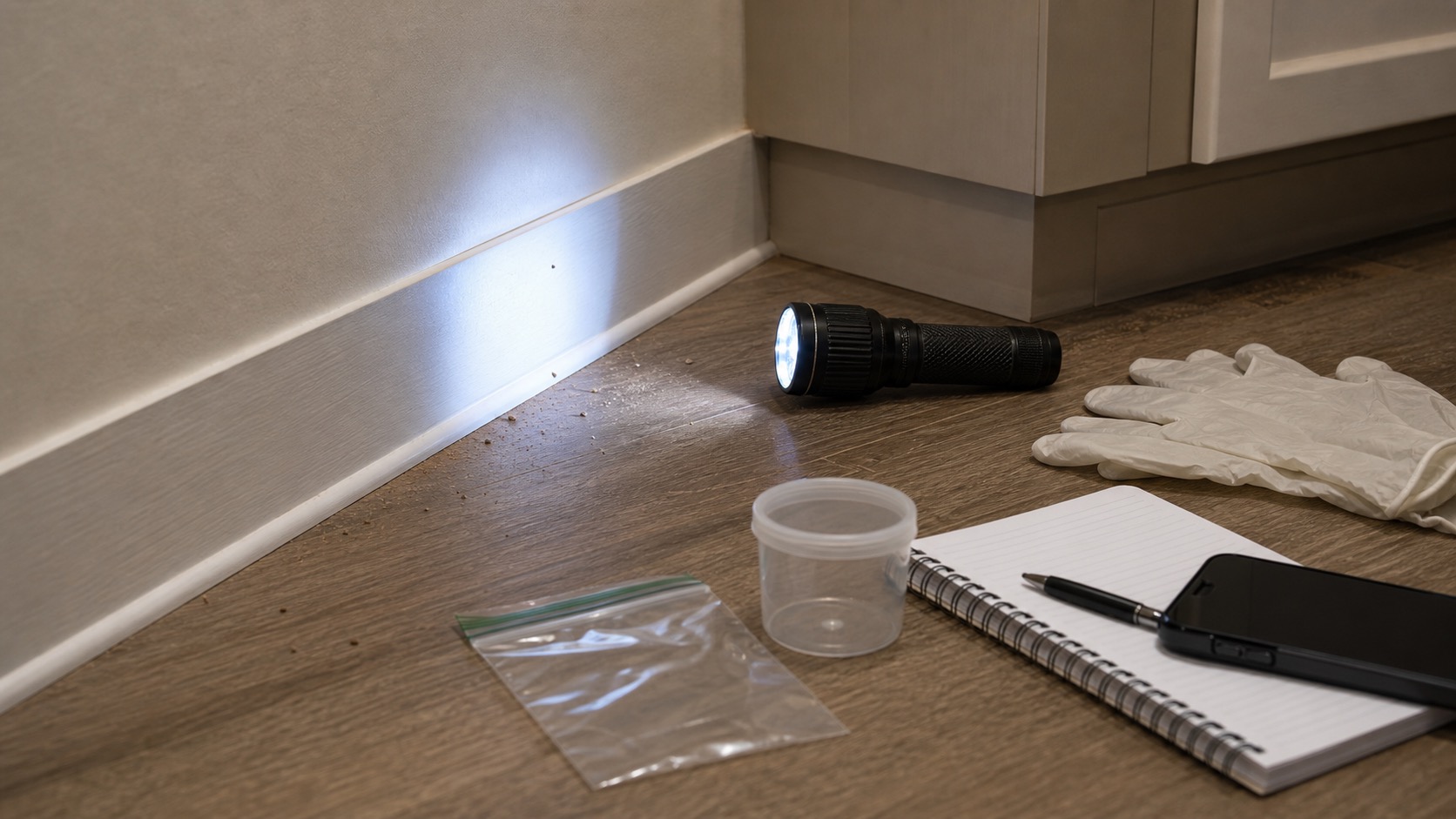 Baseboard inspection setup with a flashlight, gloves, notebook, and small sealed container.
