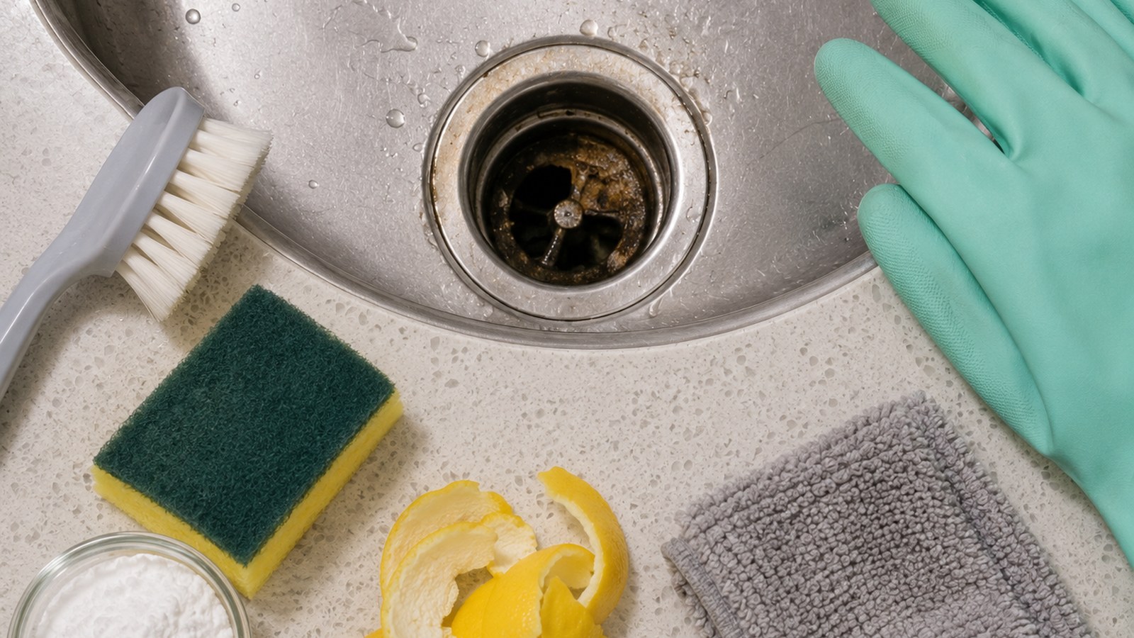 Kitchen sink drain with citrus peels, baking soda, scrub brush, sponge, and cloth nearby.
