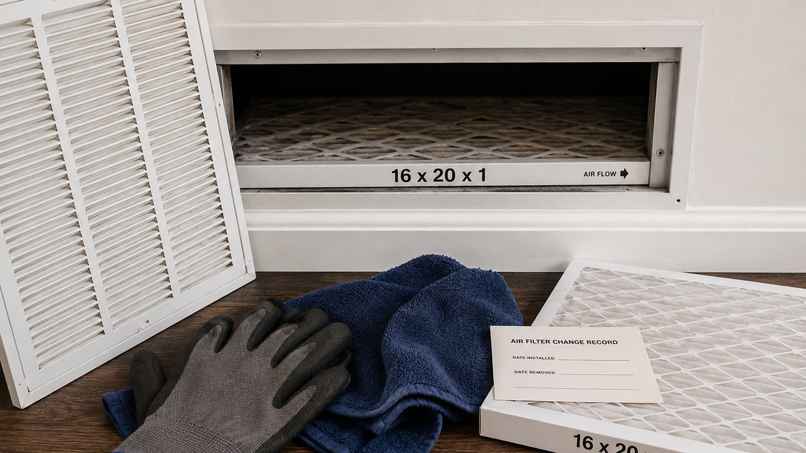 HVAC return vent with a removable air filter, gloves, towel, and reminder card.