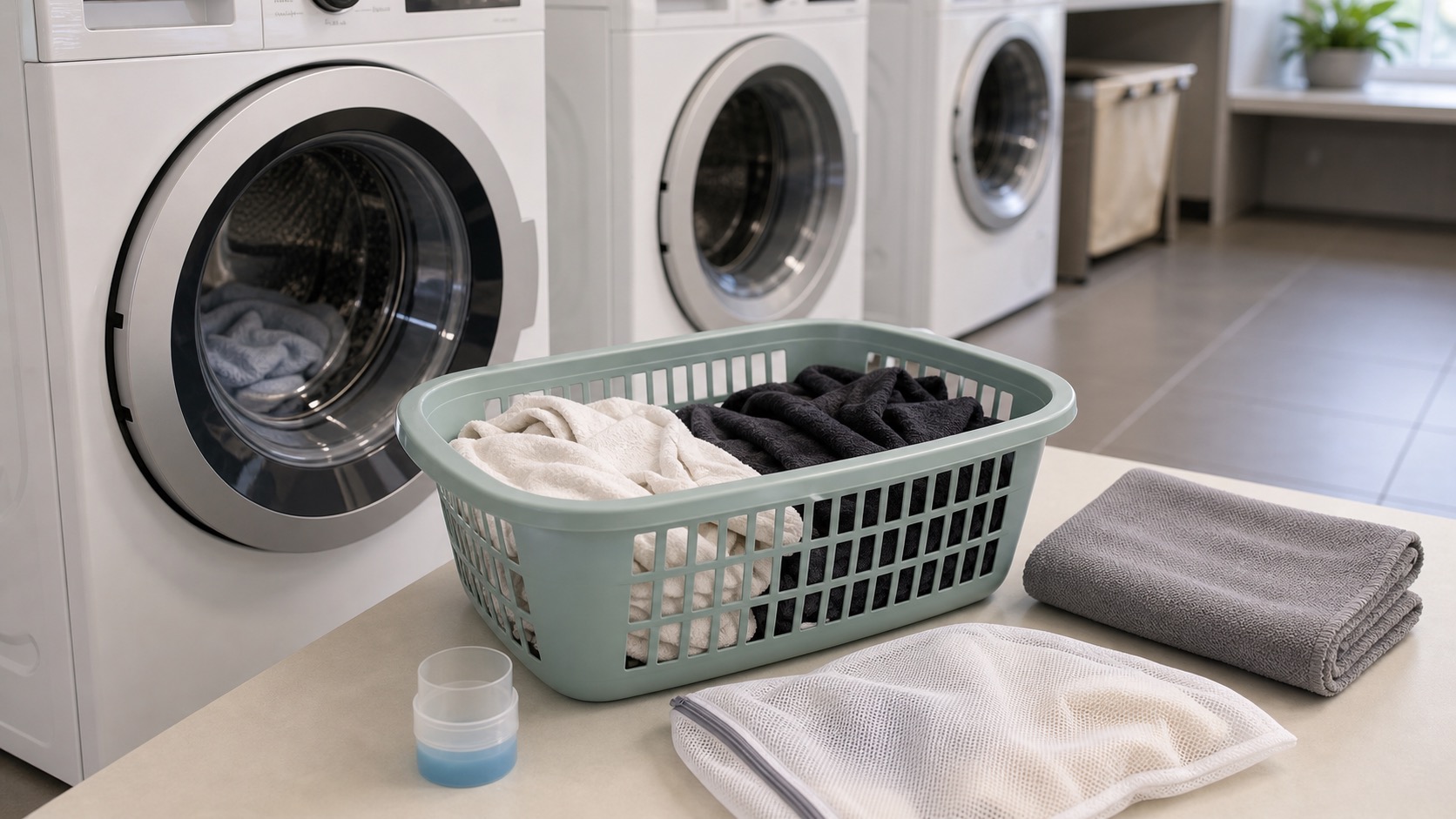 Shared apartment laundry room with washers, sorted clothes, laundry basket, detergent cup, and mesh bag.