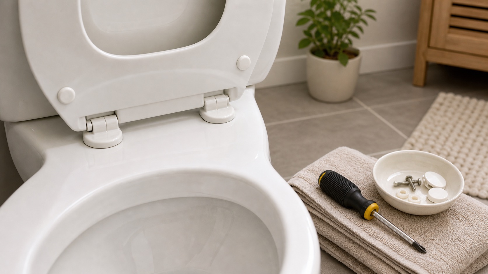 Toilet seat hinge area with a screwdriver, folded towel, and small bowl for hardware.