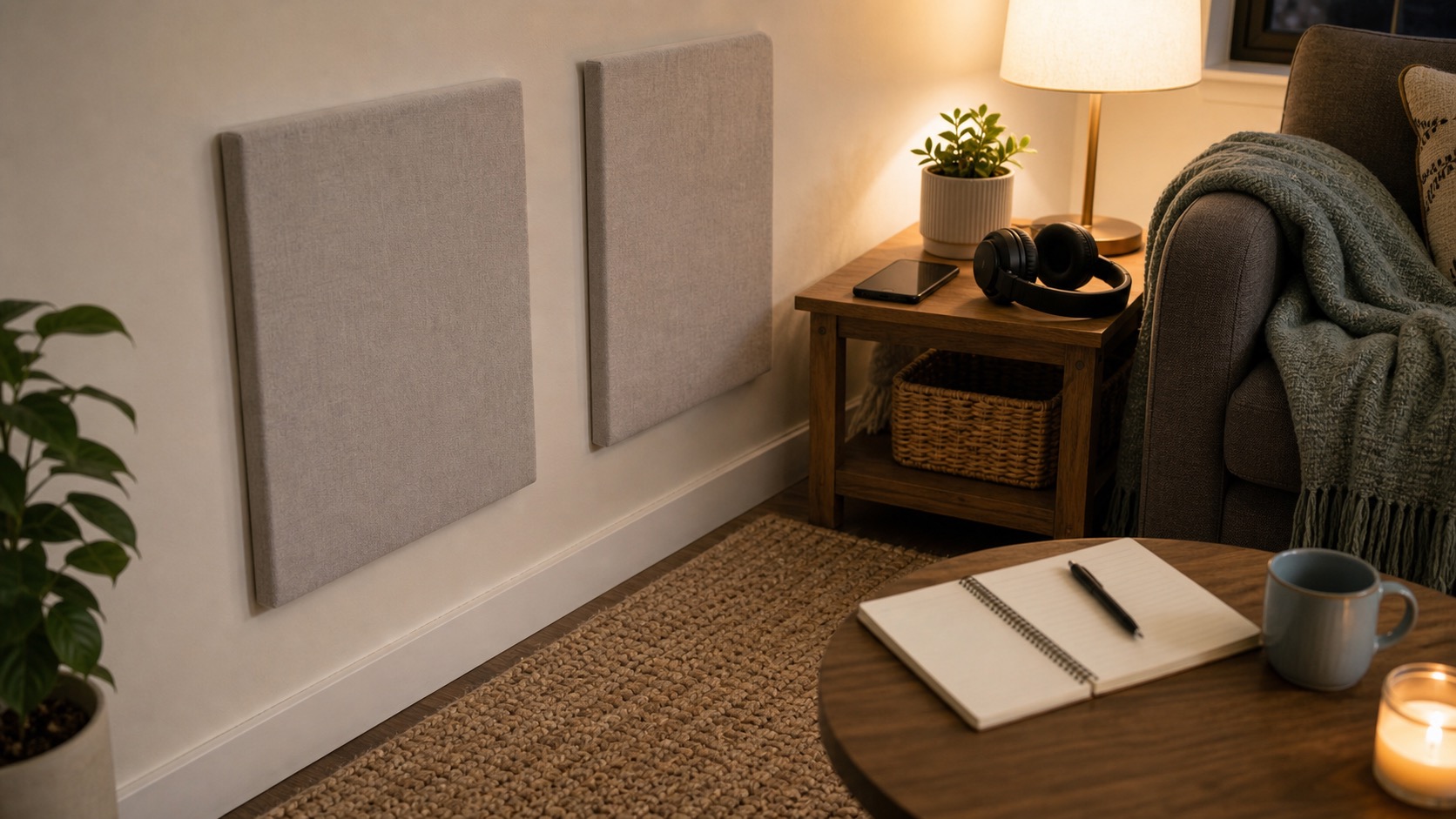 Apartment shared-wall area with headphones, rug, phone, notebook, throw blanket, and table lamp.