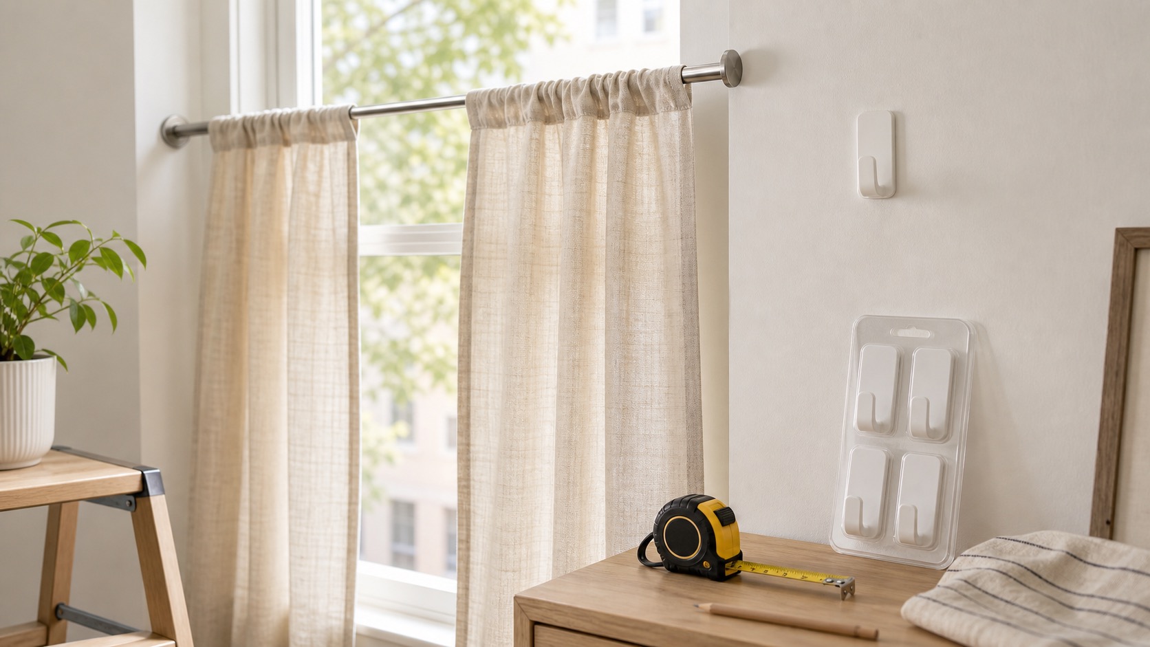 Apartment window with a no-drill curtain setup, measuring tape, removable hooks, and step stool.