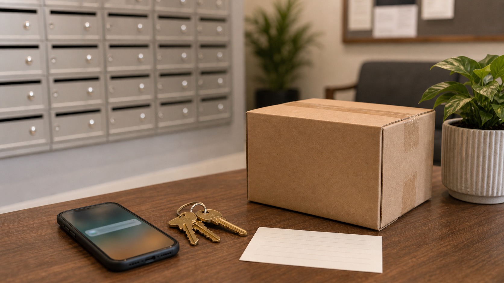Apartment mailroom setup with mailboxes, a package, phone, keys, and blank delivery note.