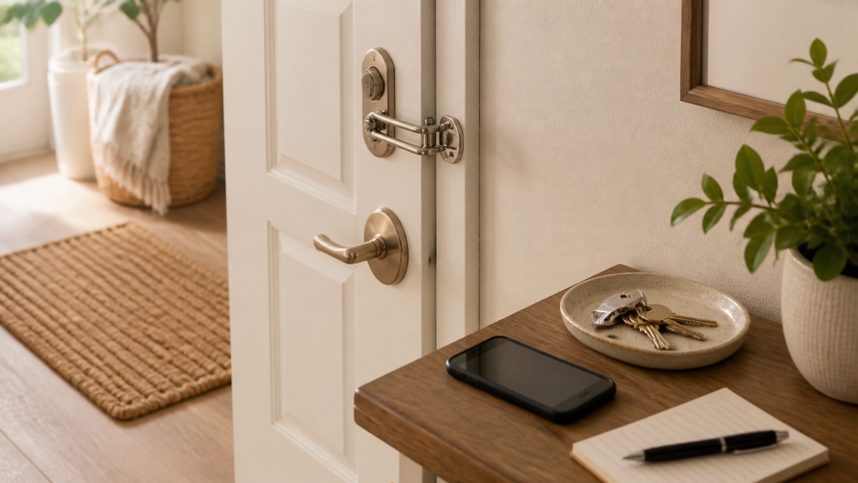 Apartment front door latch area with keys, phone, mat, and maintenance note nearby.