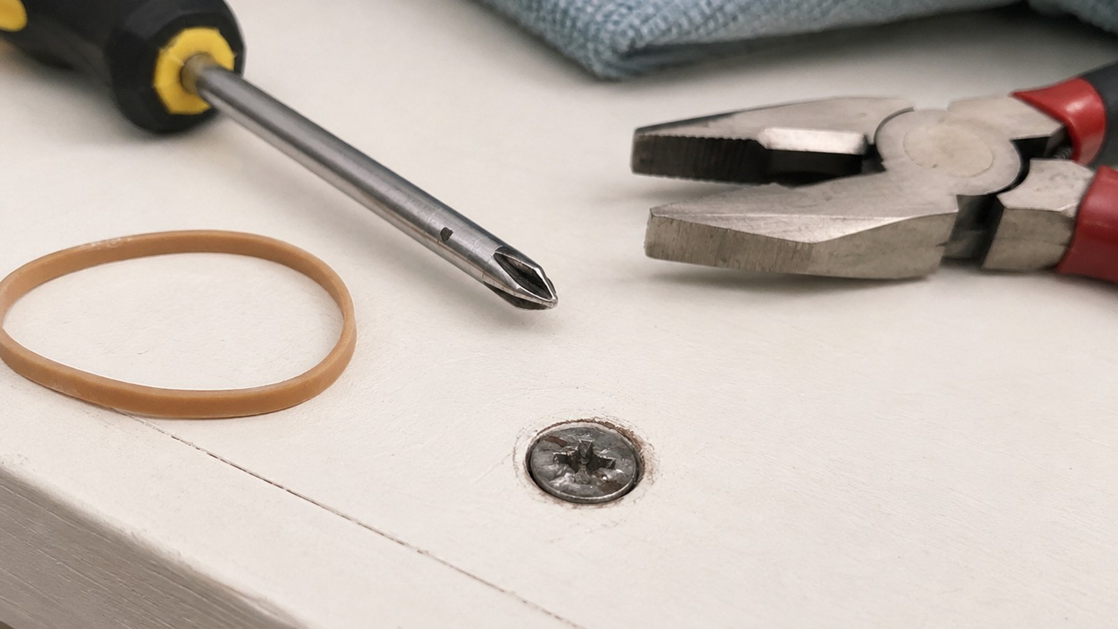 Stripped screw head with a rubber band, manual screwdriver, pliers, and protective cloth.