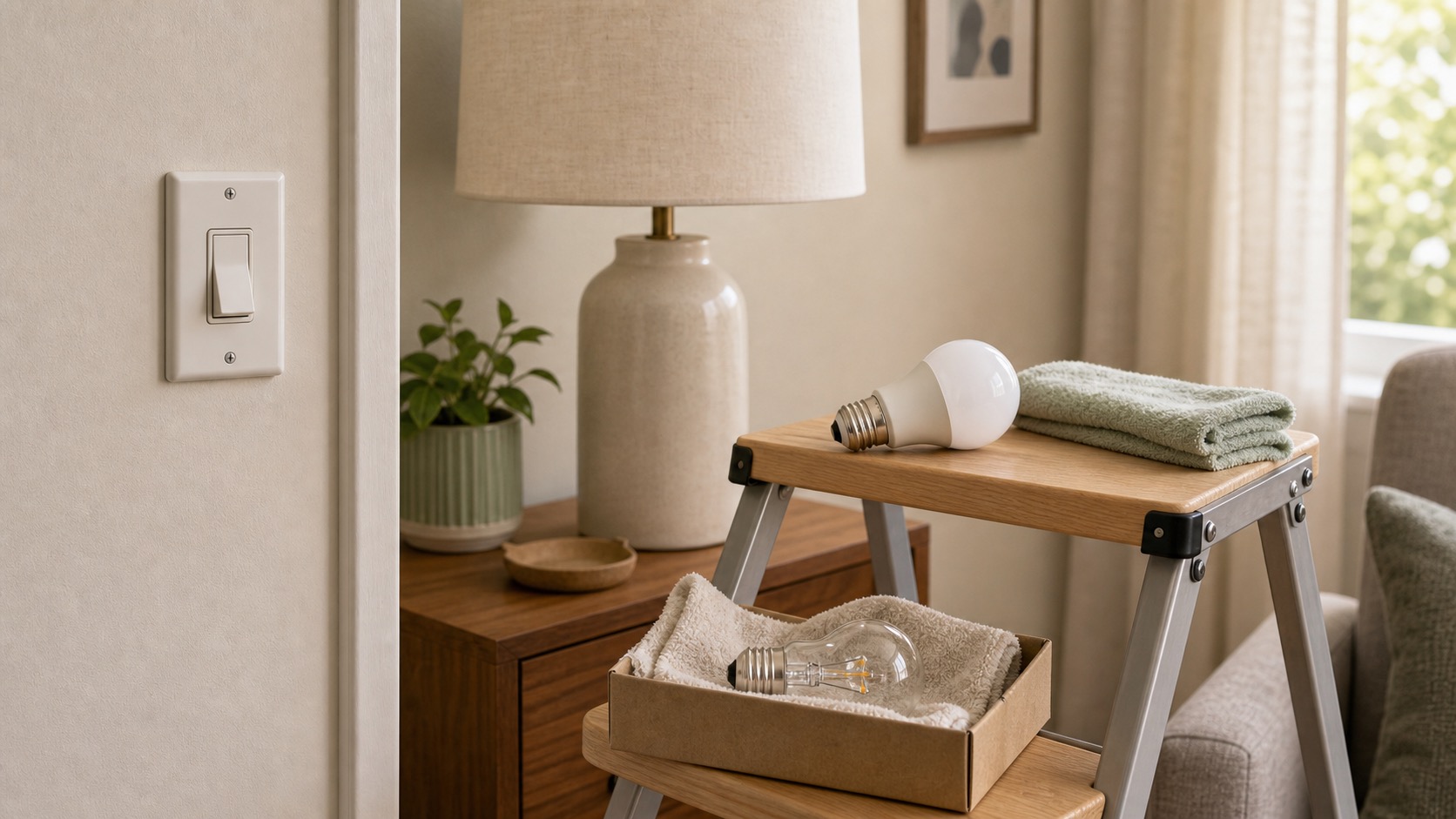 Replacement light bulb, stable step stool, wall switch area, and lamp in an apartment room.