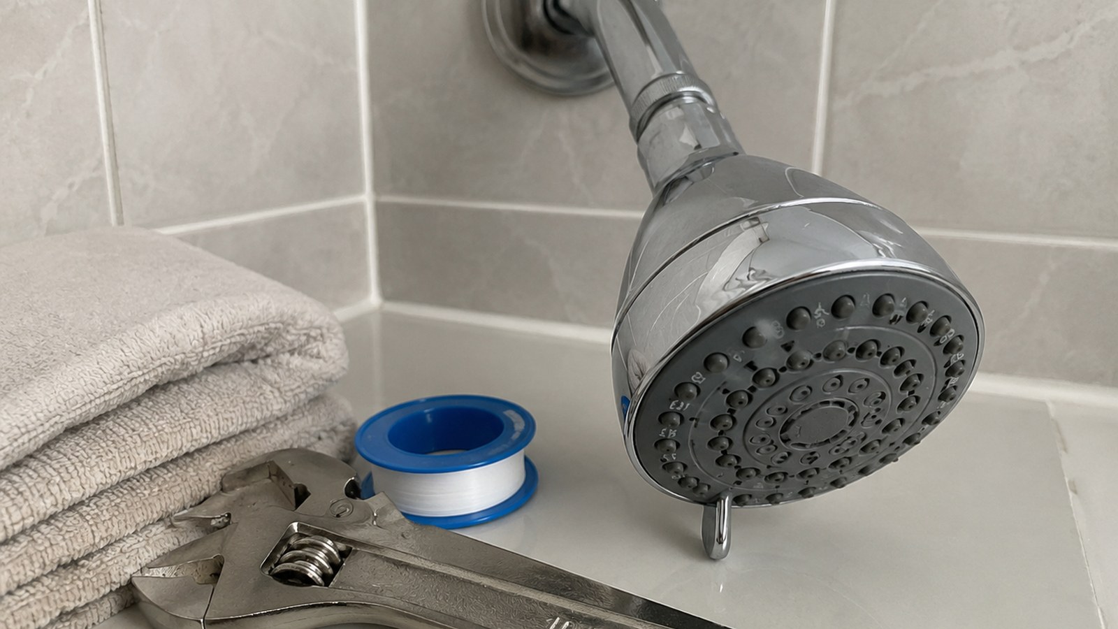 Apartment showerhead area with a towel, adjustable wrench, and plumber tape nearby.