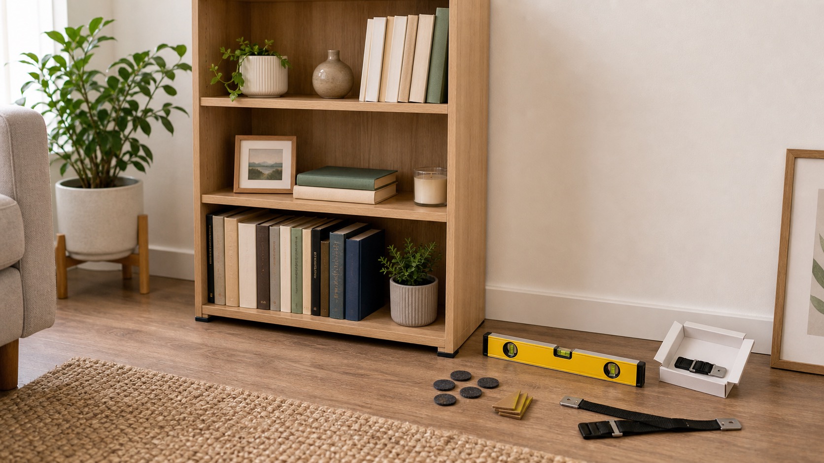 Small bookshelf with heavier books on lower shelves, a bubble level, felt pads, and unattached safety strap kit.
