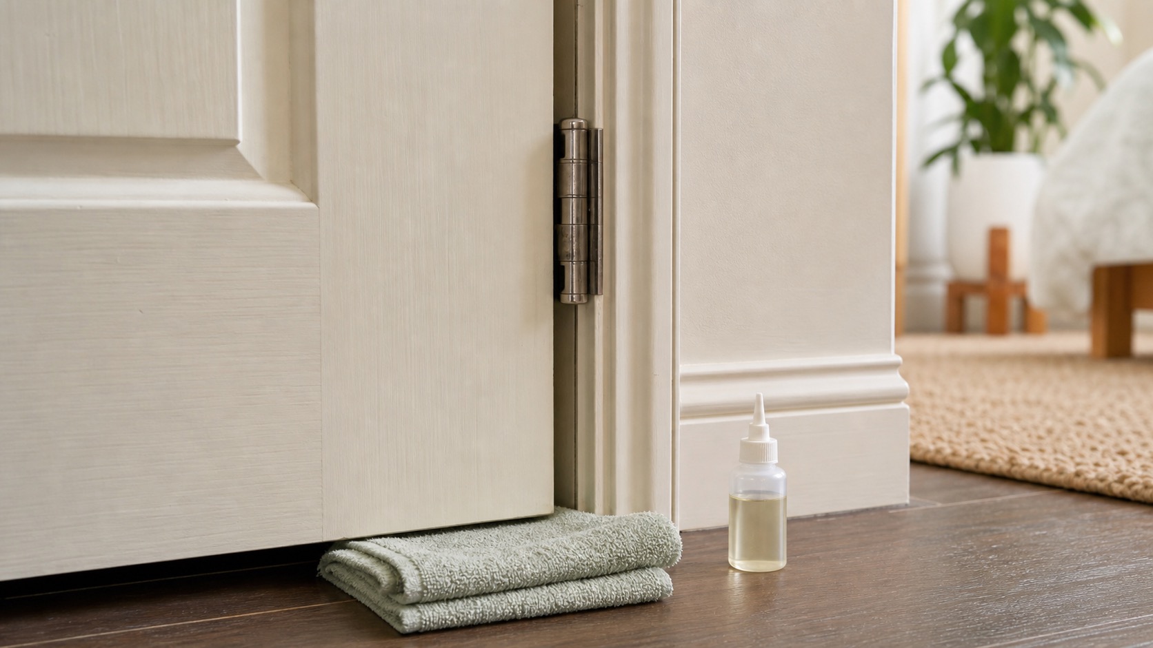 Interior apartment door hinge with a folded towel and small lubricant bottle nearby.