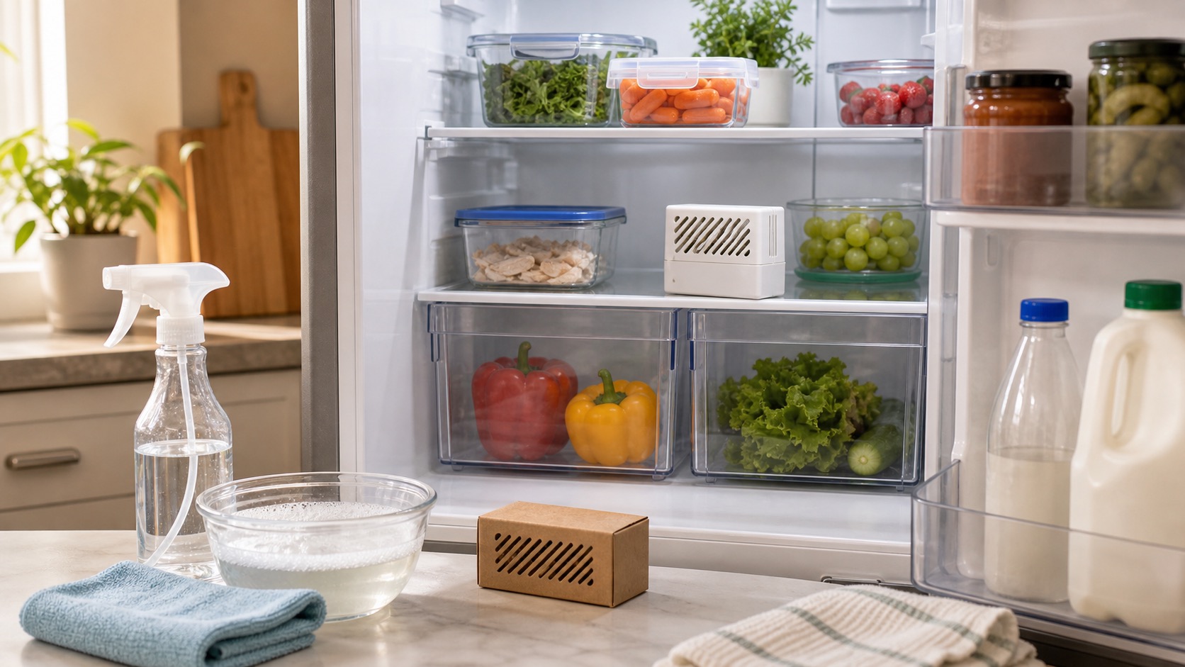 Open refrigerator with organized containers, a microfiber cloth, and odor absorber box.