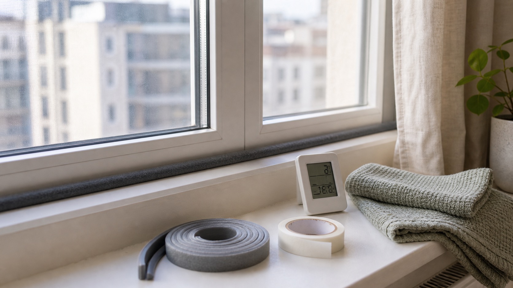 Apartment window sill with removable draft strip, curtain edge, and small thermometer.