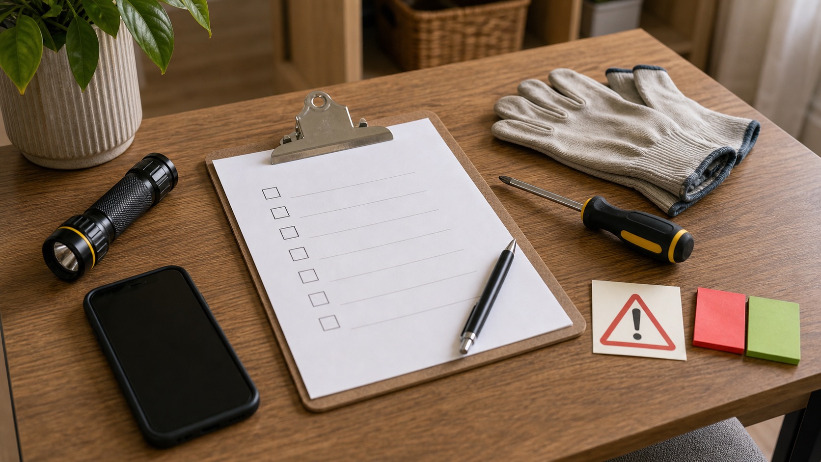 Repair decision setup with a blank checklist, phone, flashlight, gloves, screwdriver, and safety markers.