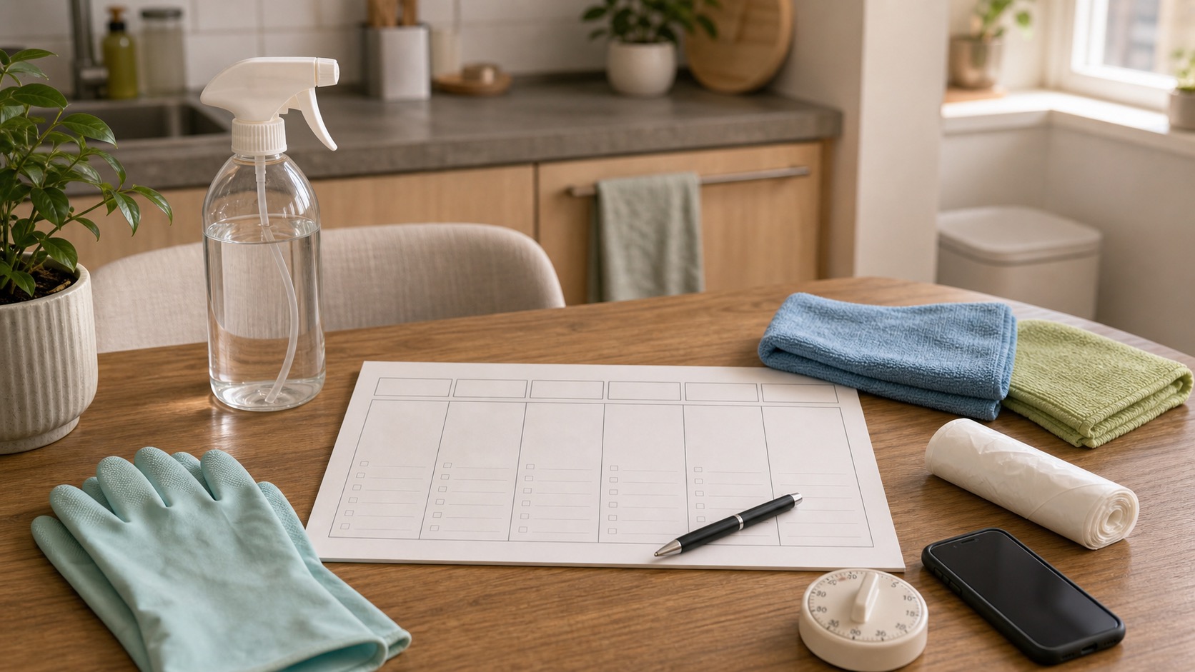 Weekly cleaning setup with a blank planner, spray bottle, microfiber cloths, gloves, and trash bags.