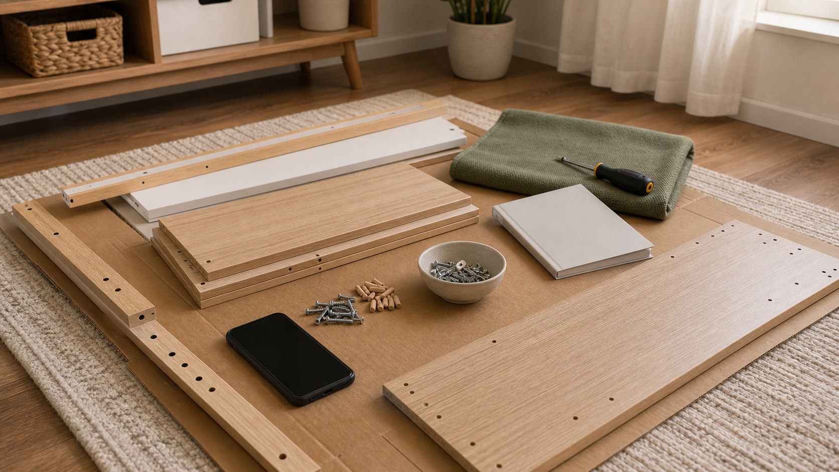 Flat-pack furniture boards, sorted hardware, instructions, and hand tools arranged on an apartment floor.