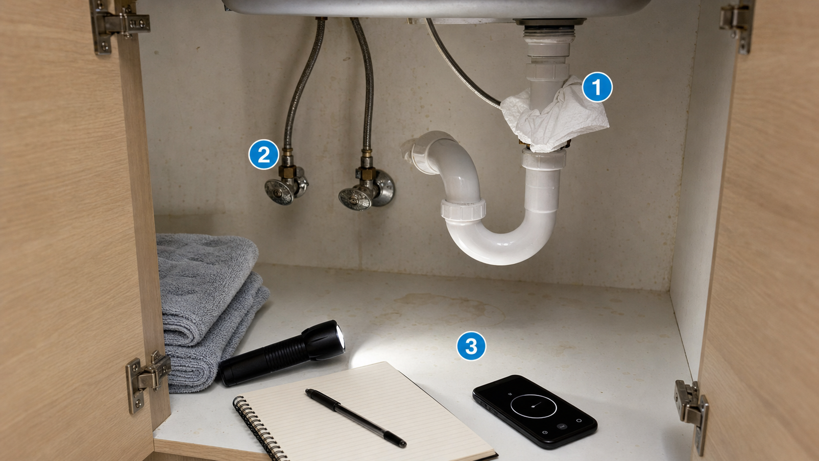 Under-sink leak inspection process map showing paper towel test and cabinet floor check
