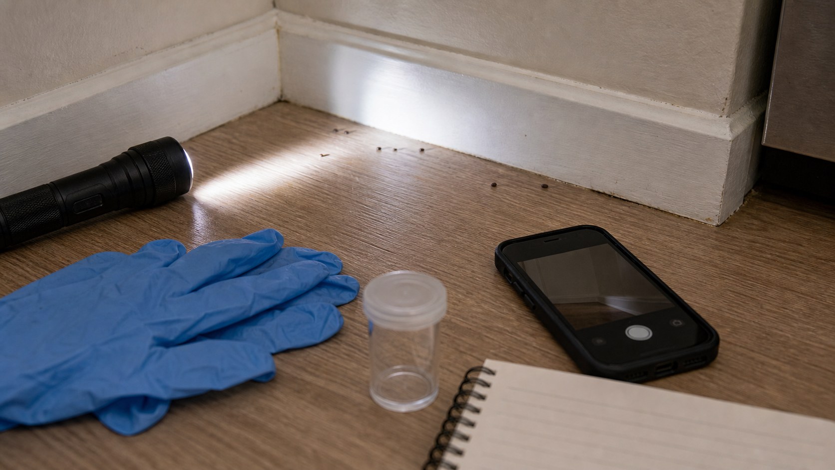 Baseboard inspection setup with a flashlight, gloves, notebook, and small sealed container.