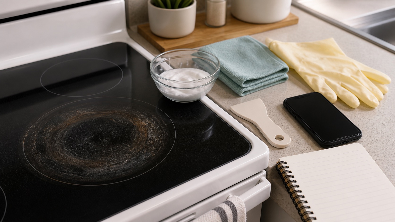 Cooled stovetop with a small cooked-on burn mark, non-scratch sponge, cloth, and safe cleaning supplies.