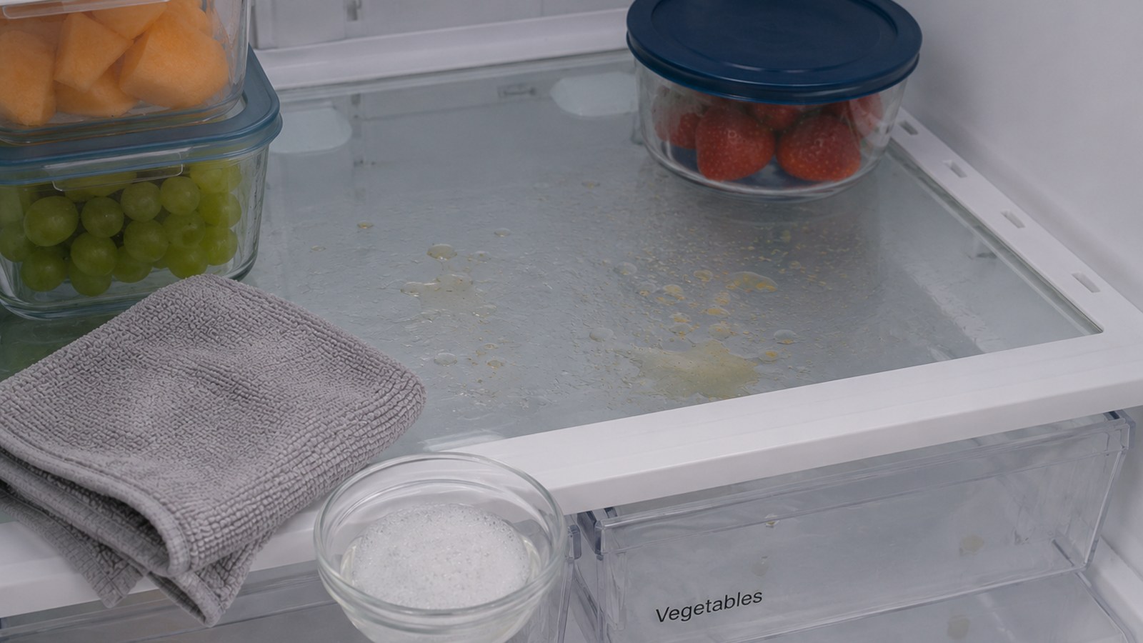 Open apartment refrigerator with a small shelf spill, soft cloth, mild soap, and food moved aside.