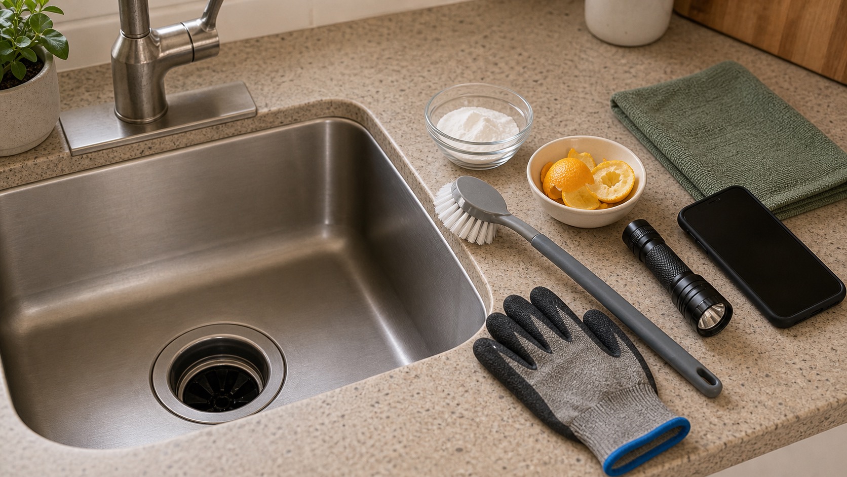 Kitchen sink drain with citrus peels, baking soda, scrub brush, sponge, and cloth nearby.