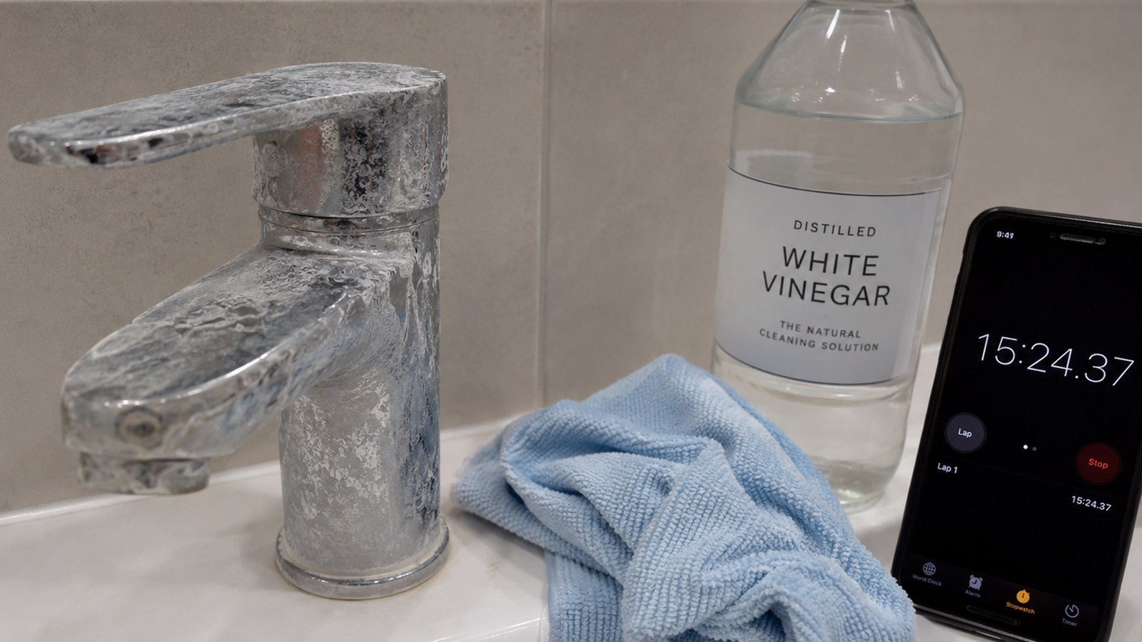 Chrome bathroom faucet and shower glass with light hard water spots and a soft cleaning cloth.
