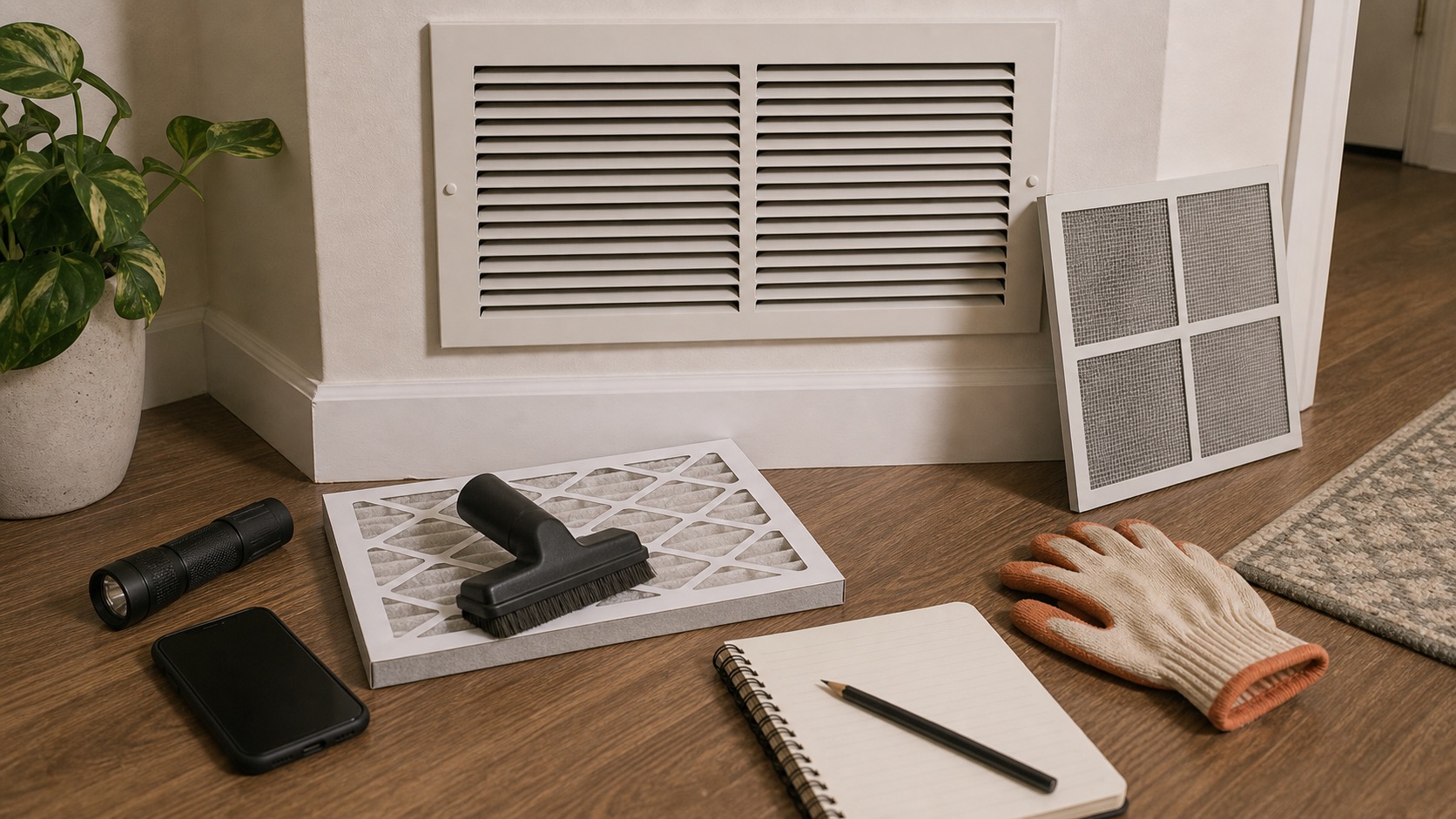 HVAC return vent with a removable air filter, gloves, towel, and reminder card.
