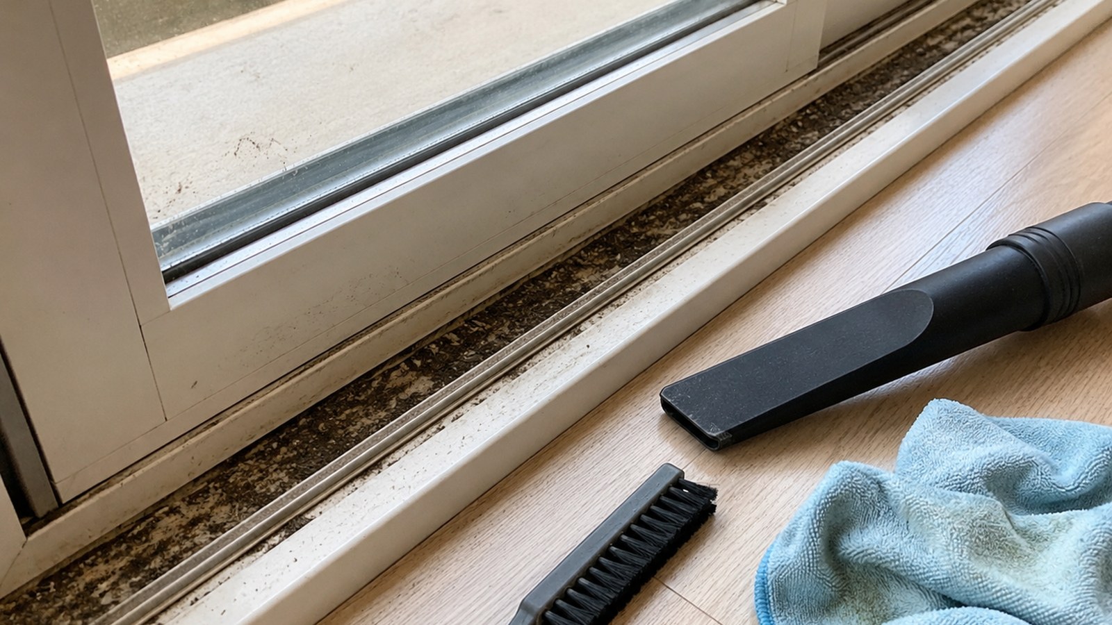 Sliding patio door track being cleaned with a crevice tool, small brush, and microfiber cloth.